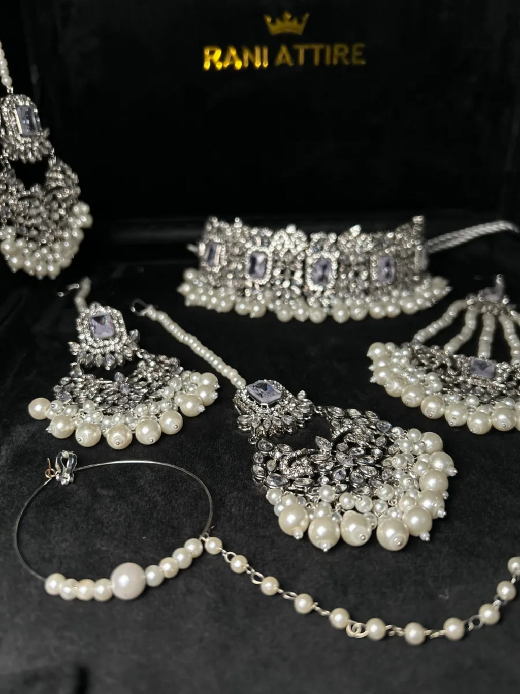 Pearly Silver Choker necklace set, with heavily beaded earrings & tikka - Jewelsbyrani