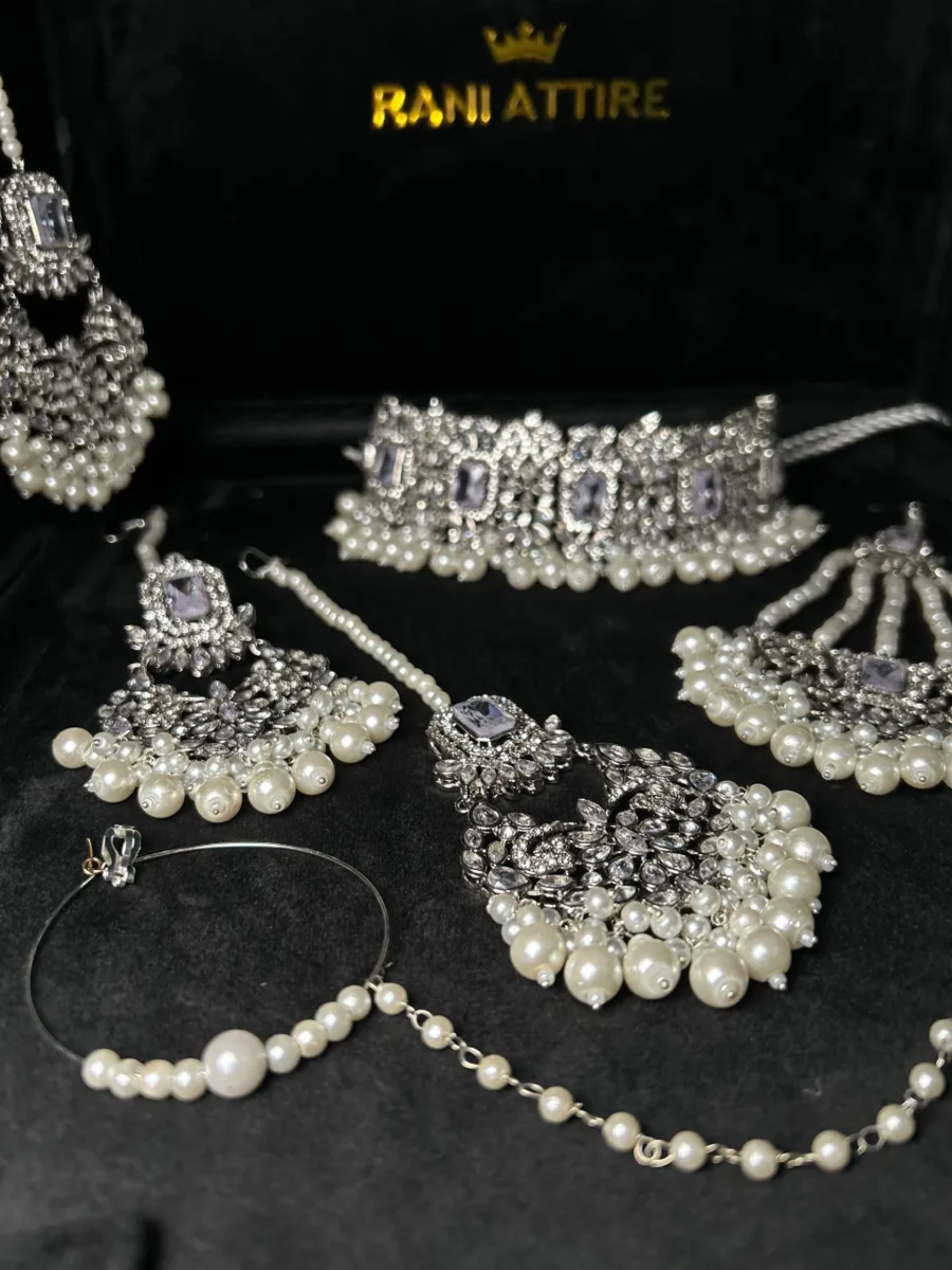Pearly Silver Choker necklace set, with heavily beaded earrings & tikka