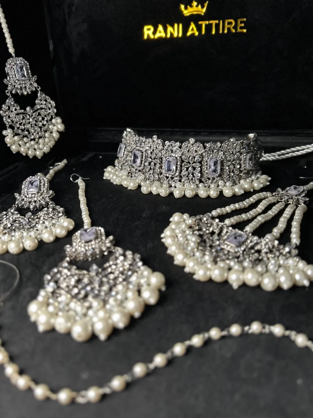Pearly Gold Choker necklace set, with heavily beaded earrings & tikka - Jewelsbyrani