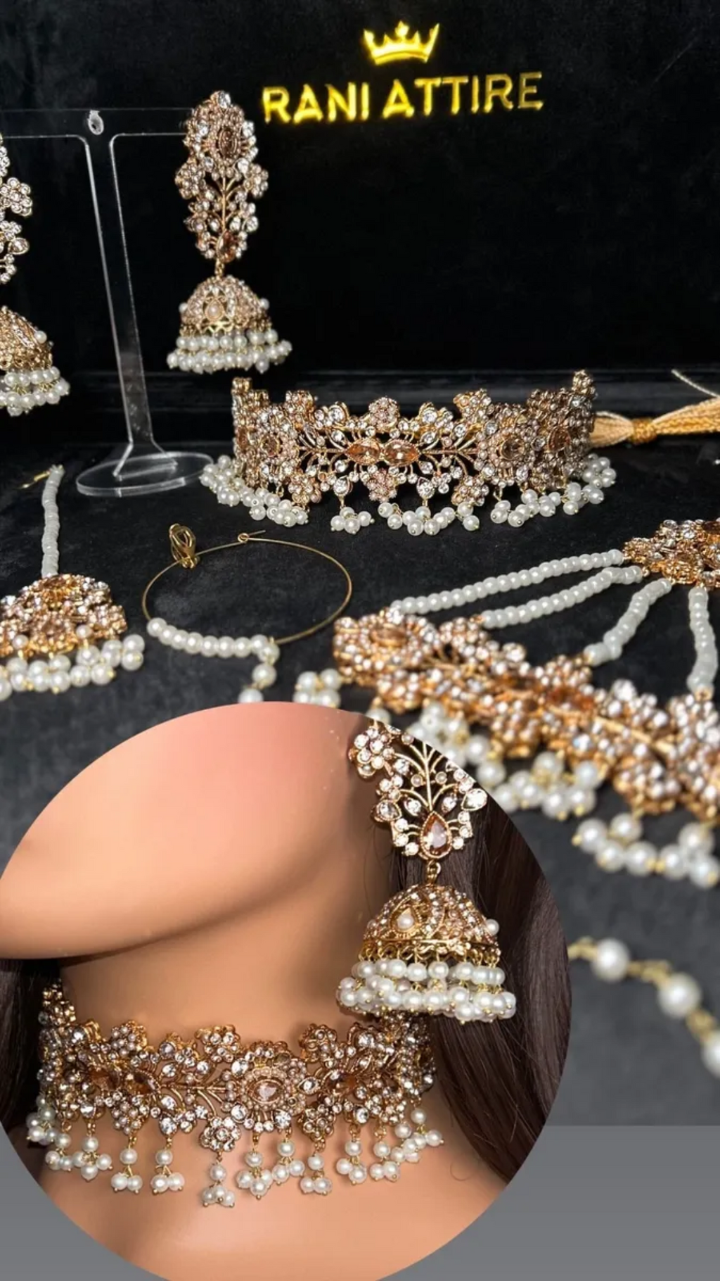 Pearly Gold Choker necklace set, with heavily beaded earrings & tikka - Jewelsbyrani