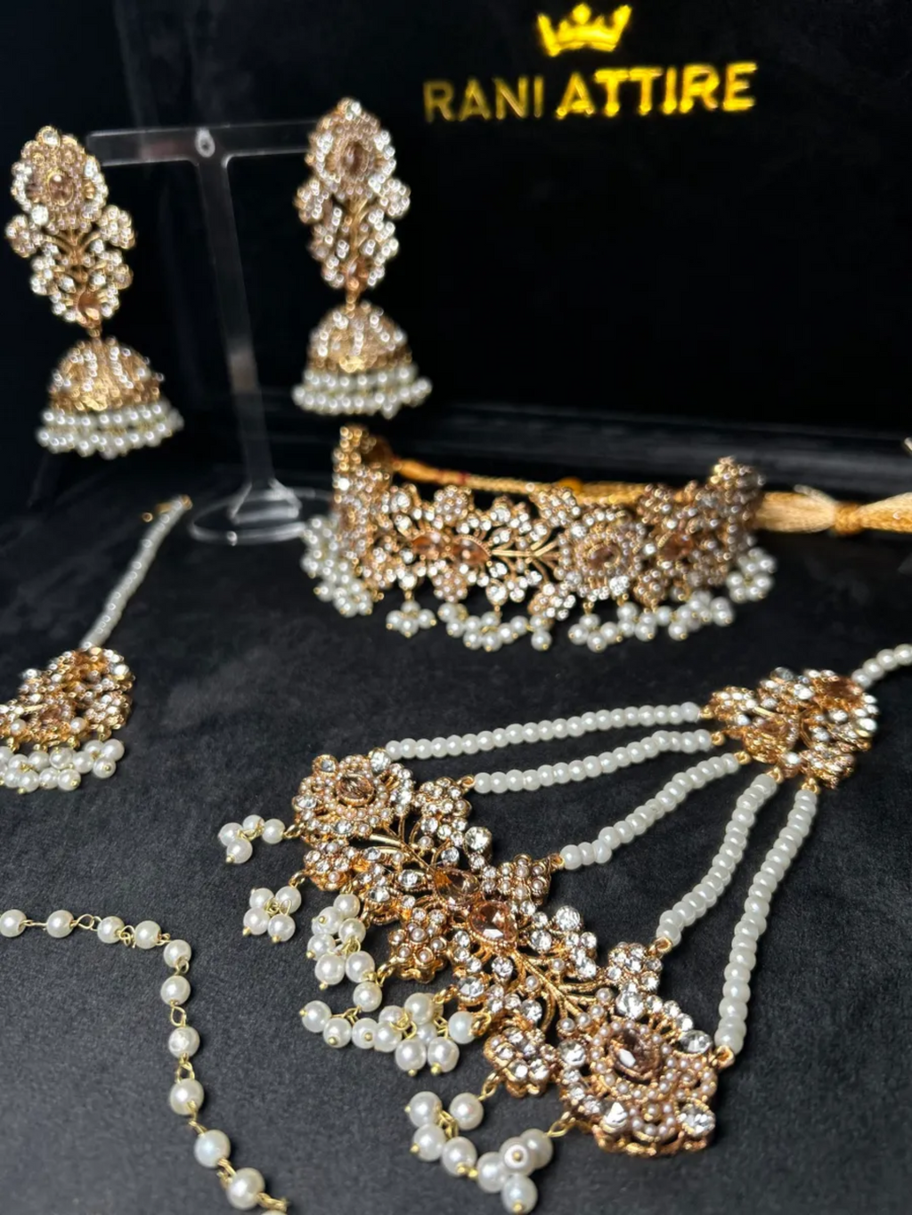 Pearly Gold Choker necklace set, with heavily beaded earrings & tikka - Jewelsbyrani
