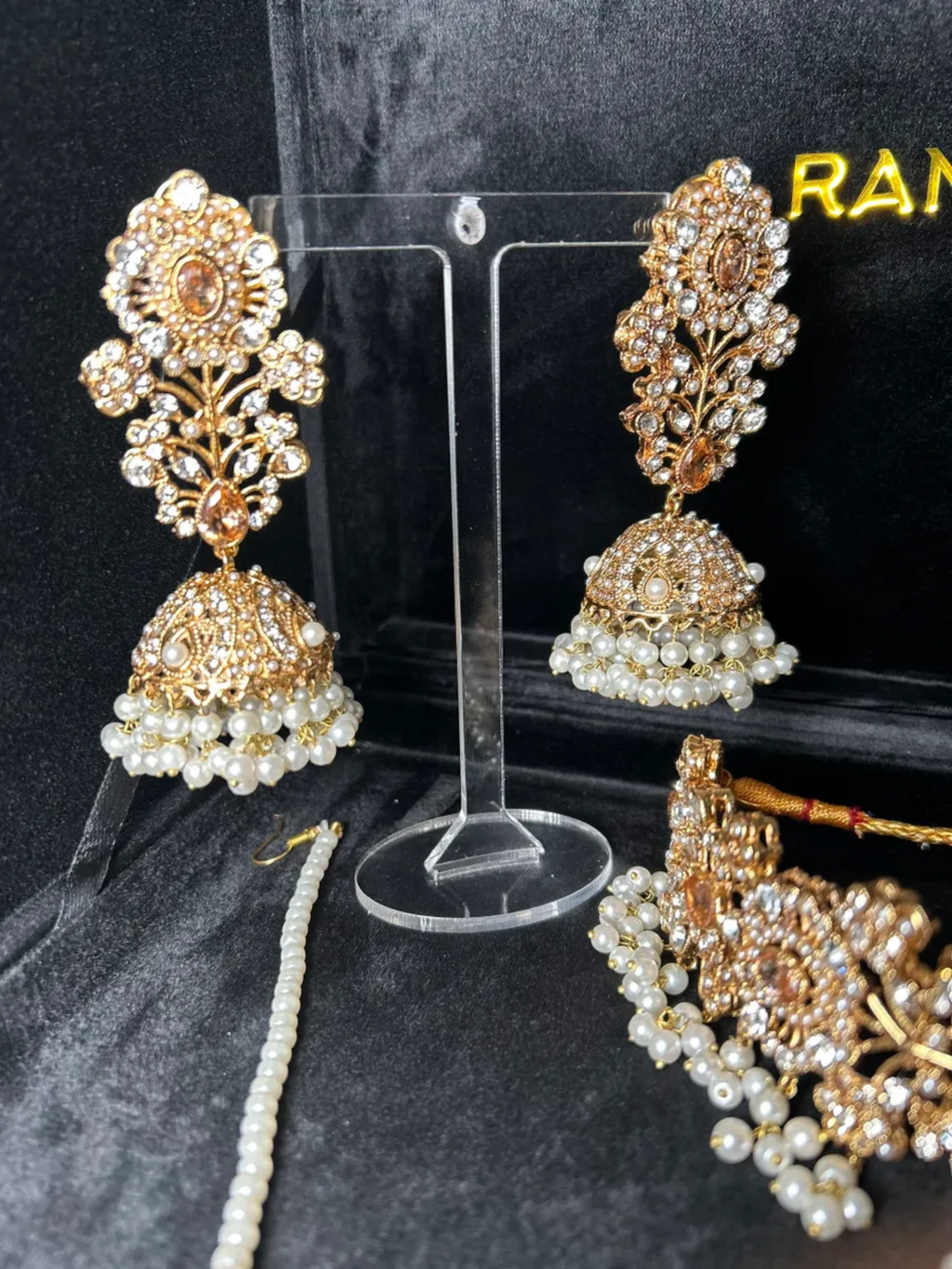 Pearly Gold Choker necklace set, with heavily beaded earrings & tikka - Jewelsbyrani