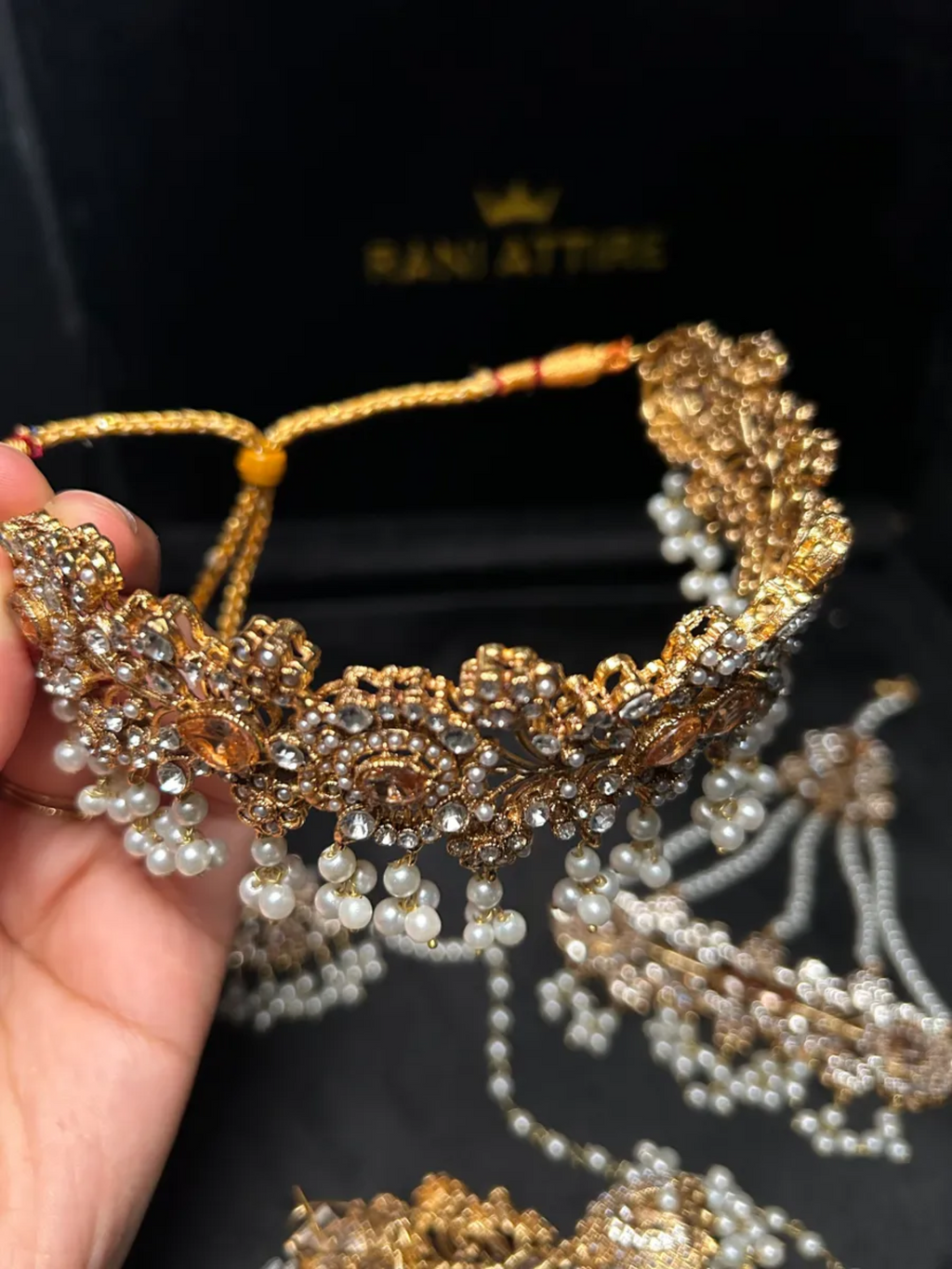 Pearly Gold Choker necklace set, with heavily beaded earrings & tikka - Jewelsbyrani