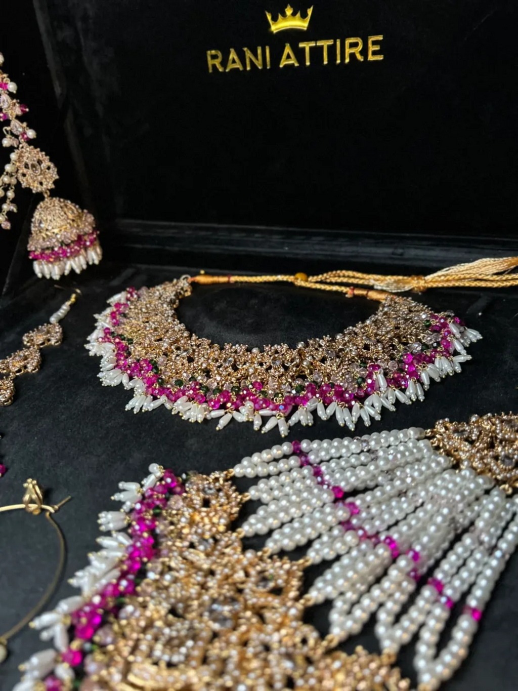 Stunning Hot pink, baby pink and green Multi coloured necklace set, with heavily beaded earrings & tikka - Jewelsbyrani