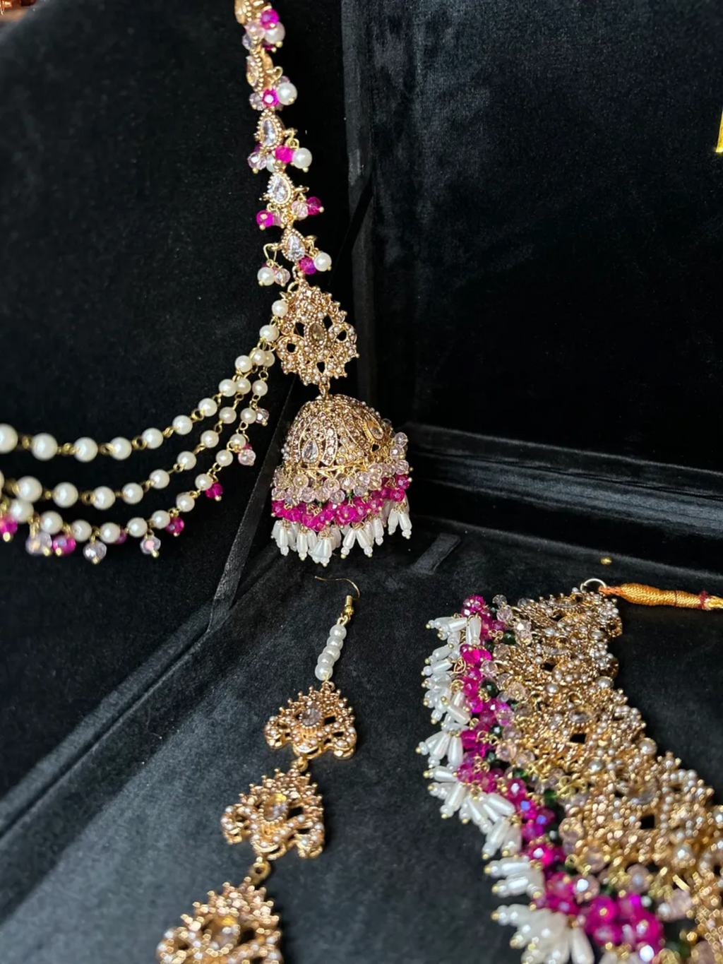 Stunning Hot pink, baby pink and green Multi coloured necklace set, with heavily beaded earrings & tikka - Jewelsbyrani