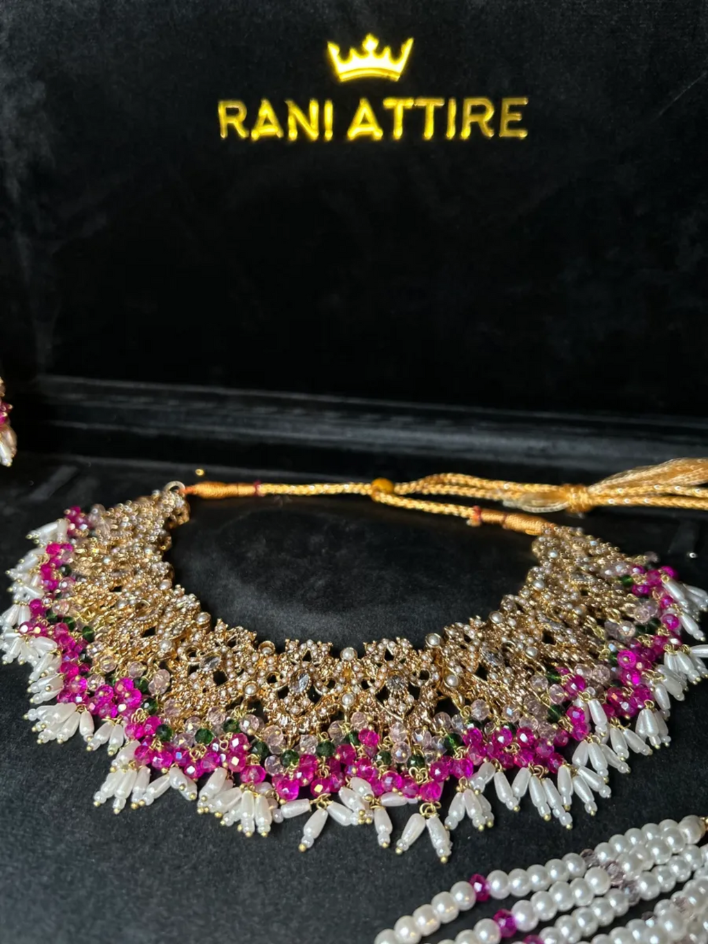 Stunning Hot pink, baby pink and green Multi coloured necklace set, with heavily beaded earrings & tikka - Jewelsbyrani