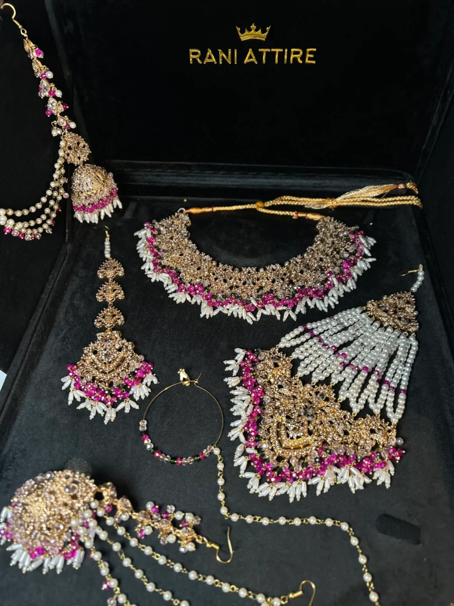 Stunning Hot pink, baby pink and green Multi coloured necklace set, with heavily beaded earrings & tikka