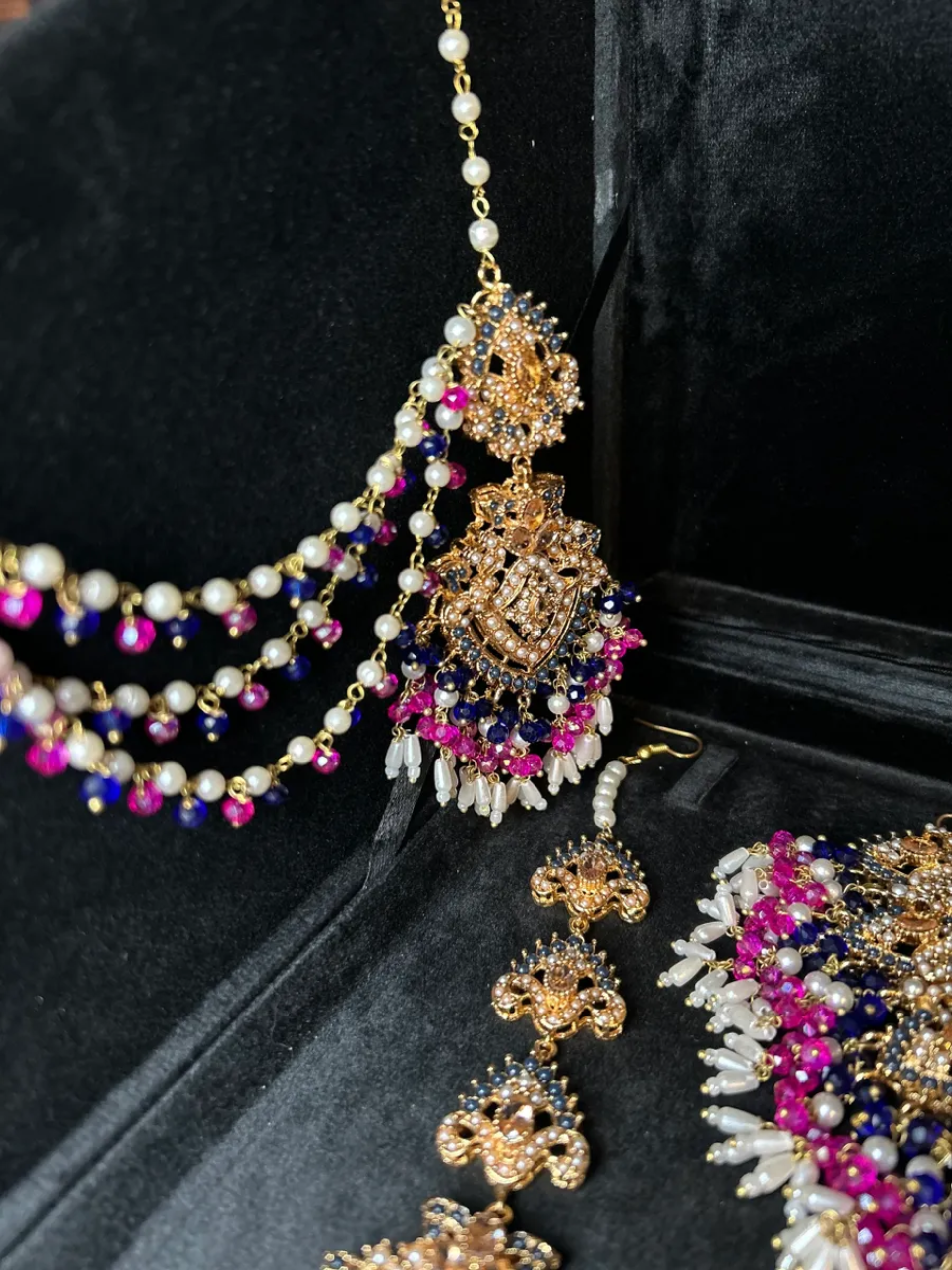 Navy and Pink Stunning Multi coloured necklace set, with heavily beaded earrings & tikka