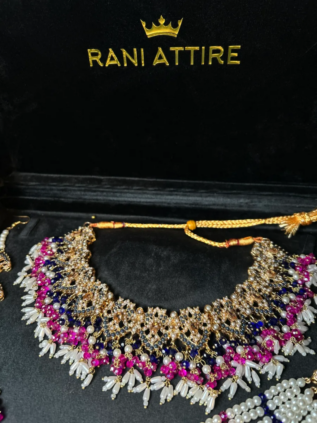 Navy and Pink Stunning Multi coloured necklace set, with heavily beaded earrings & tikka - Jewelsbyrani