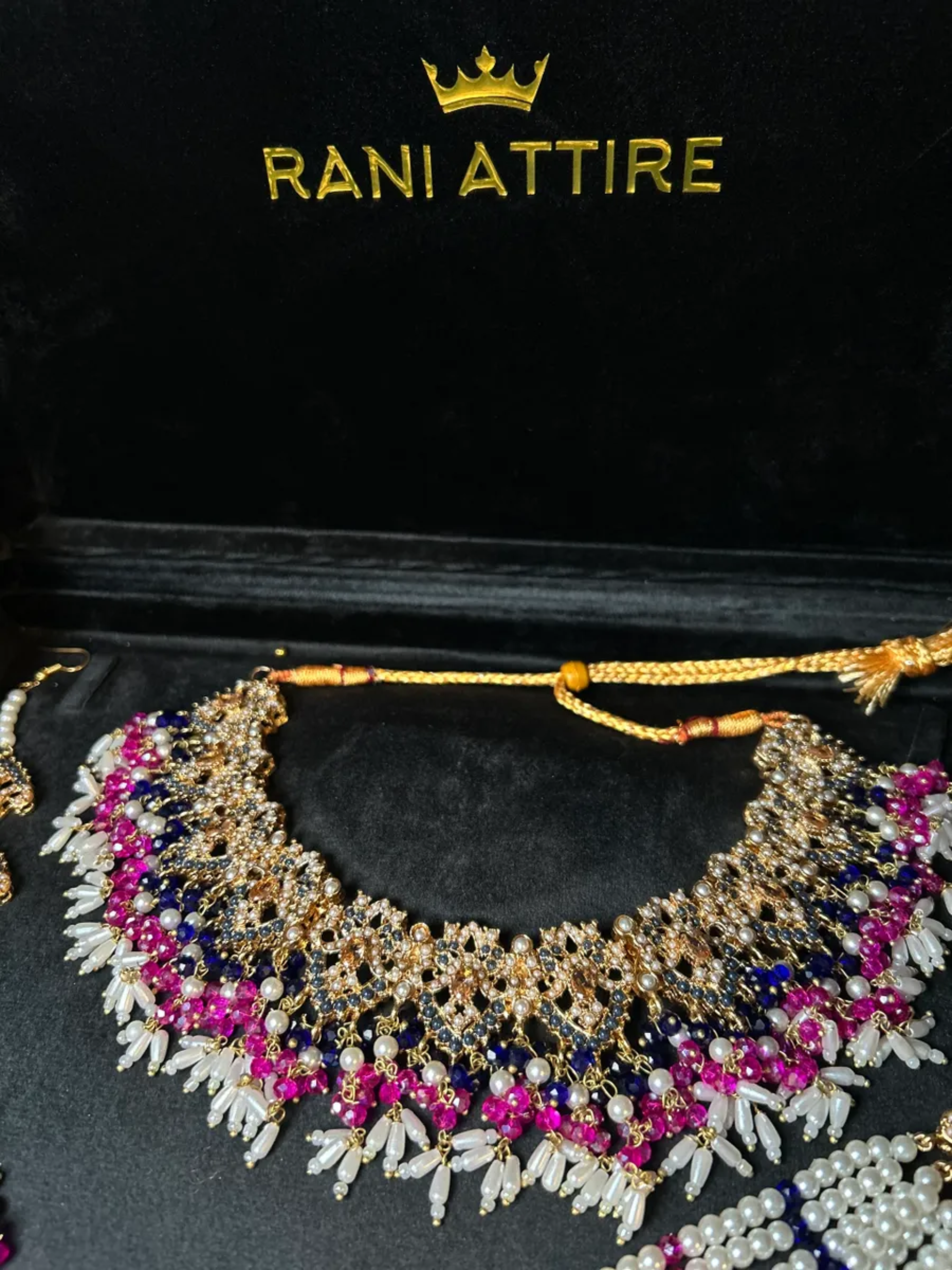 Navy and Pink Stunning Multi coloured necklace set, with heavily beaded earrings & tikka