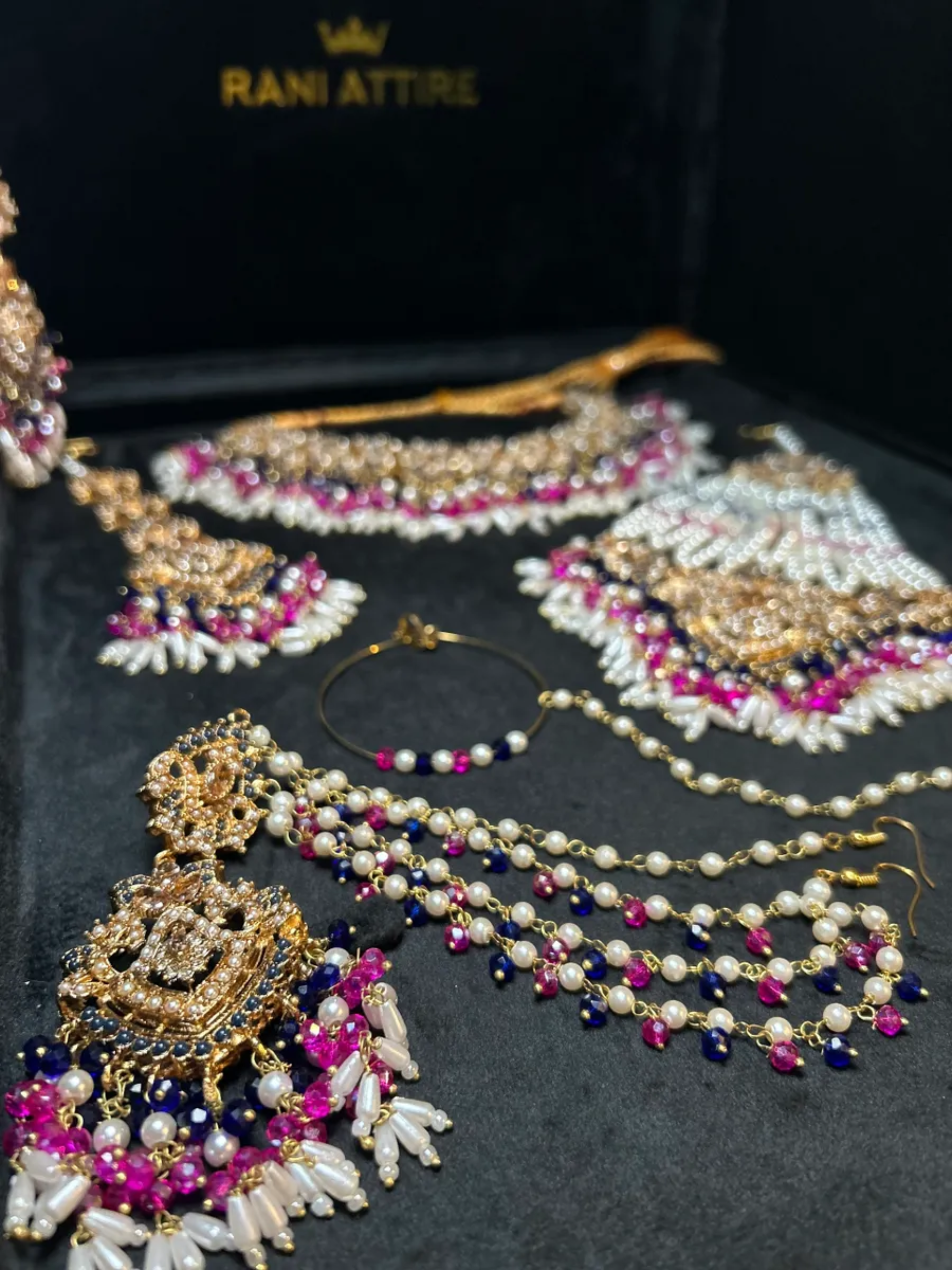 Navy and Pink Stunning Multi coloured necklace set, with heavily beaded earrings & tikka