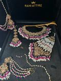 Navy and Pink Stunning Multi coloured necklace set, with heavily beaded earrings & tikka - Jewelsbyrani