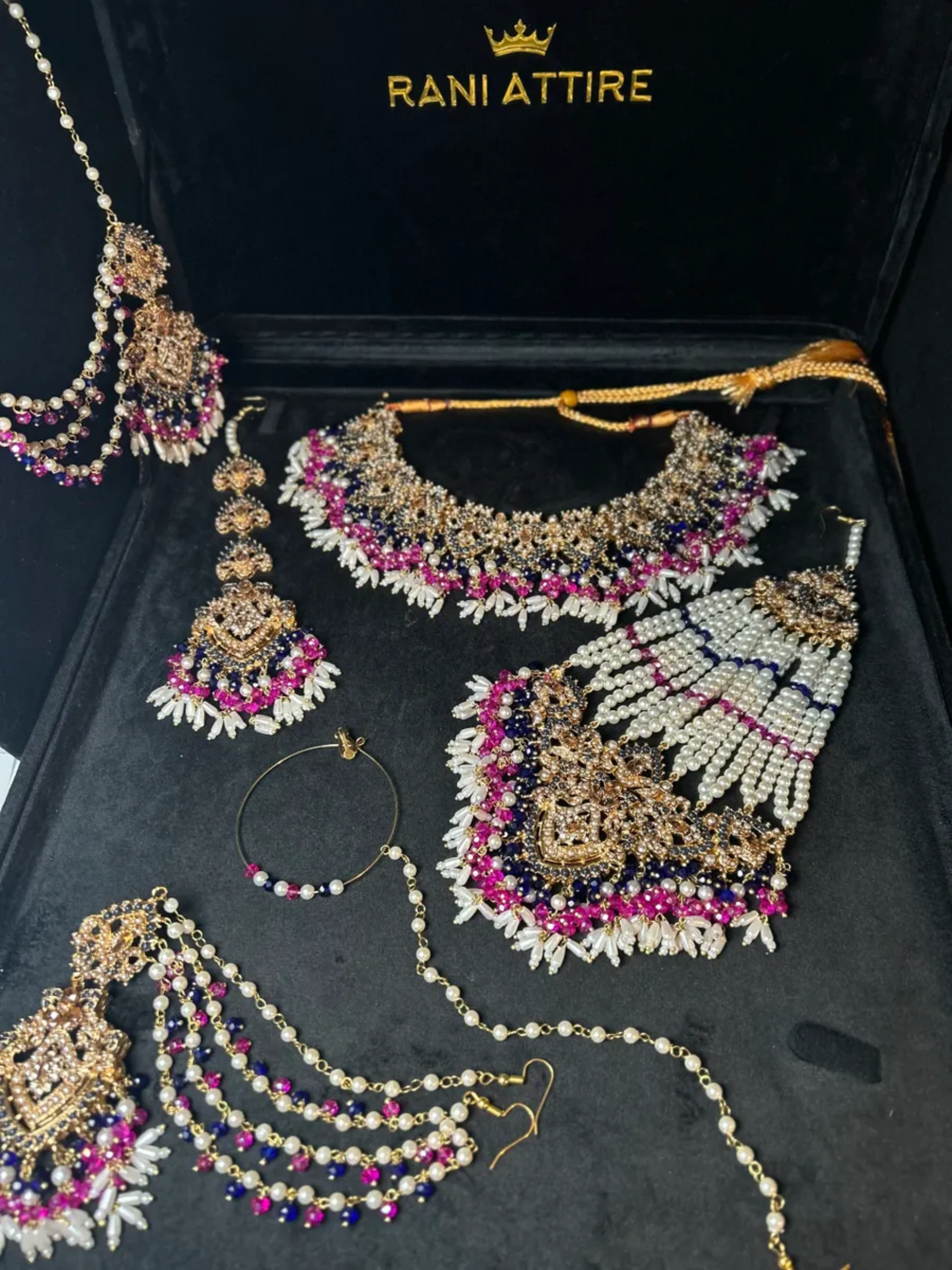 Navy and Pink Stunning Multi coloured necklace set, with heavily beaded earrings & tikka