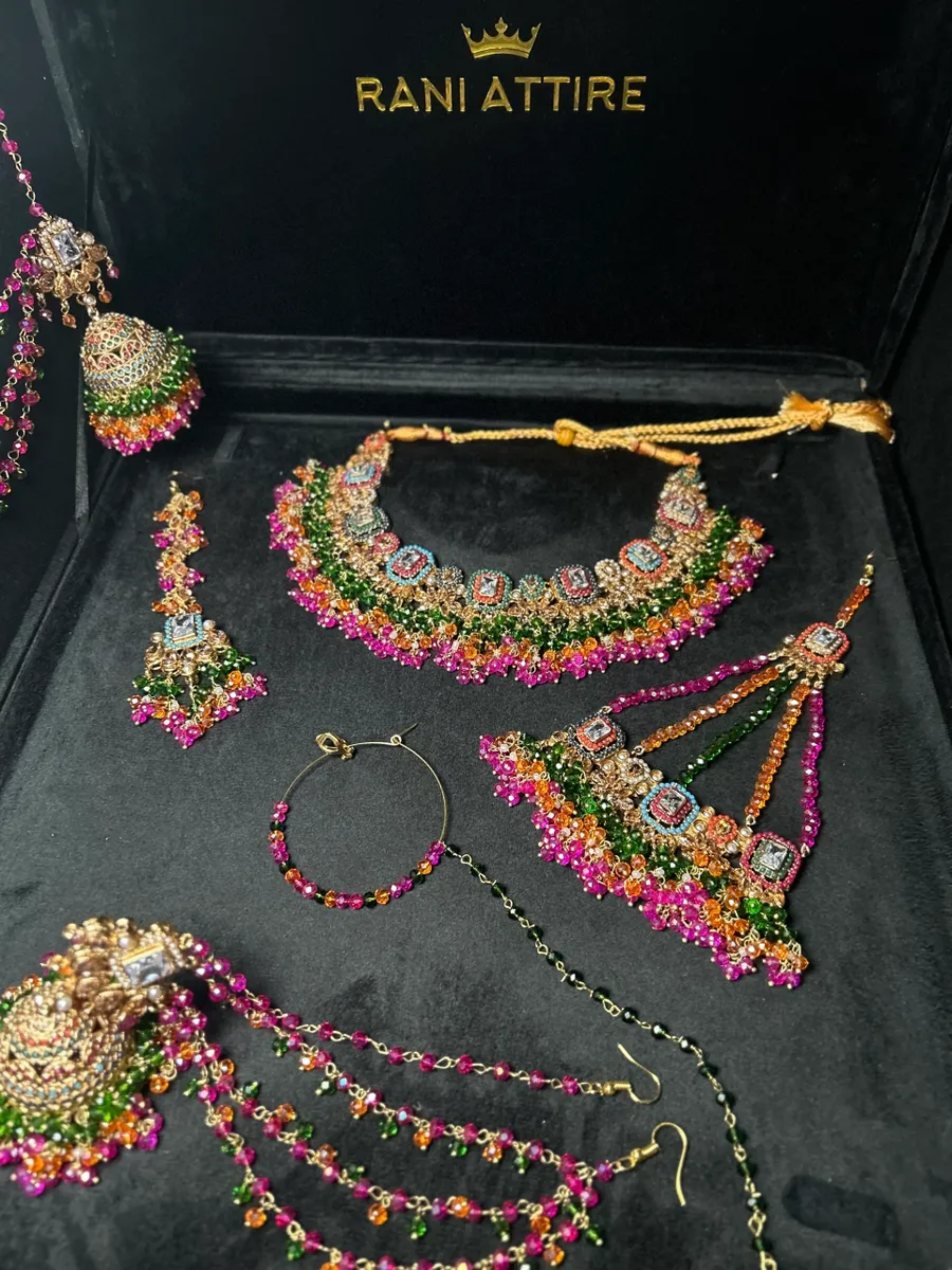 Stunning Multi coloured necklace set, with heavily beaded earrings & tikka