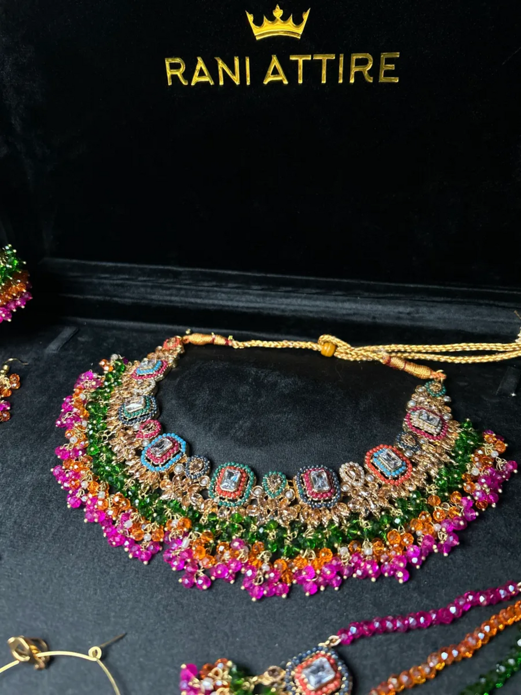 Stunning Multi coloured necklace set, with heavily beaded earrings & tikka - Jewelsbyrani