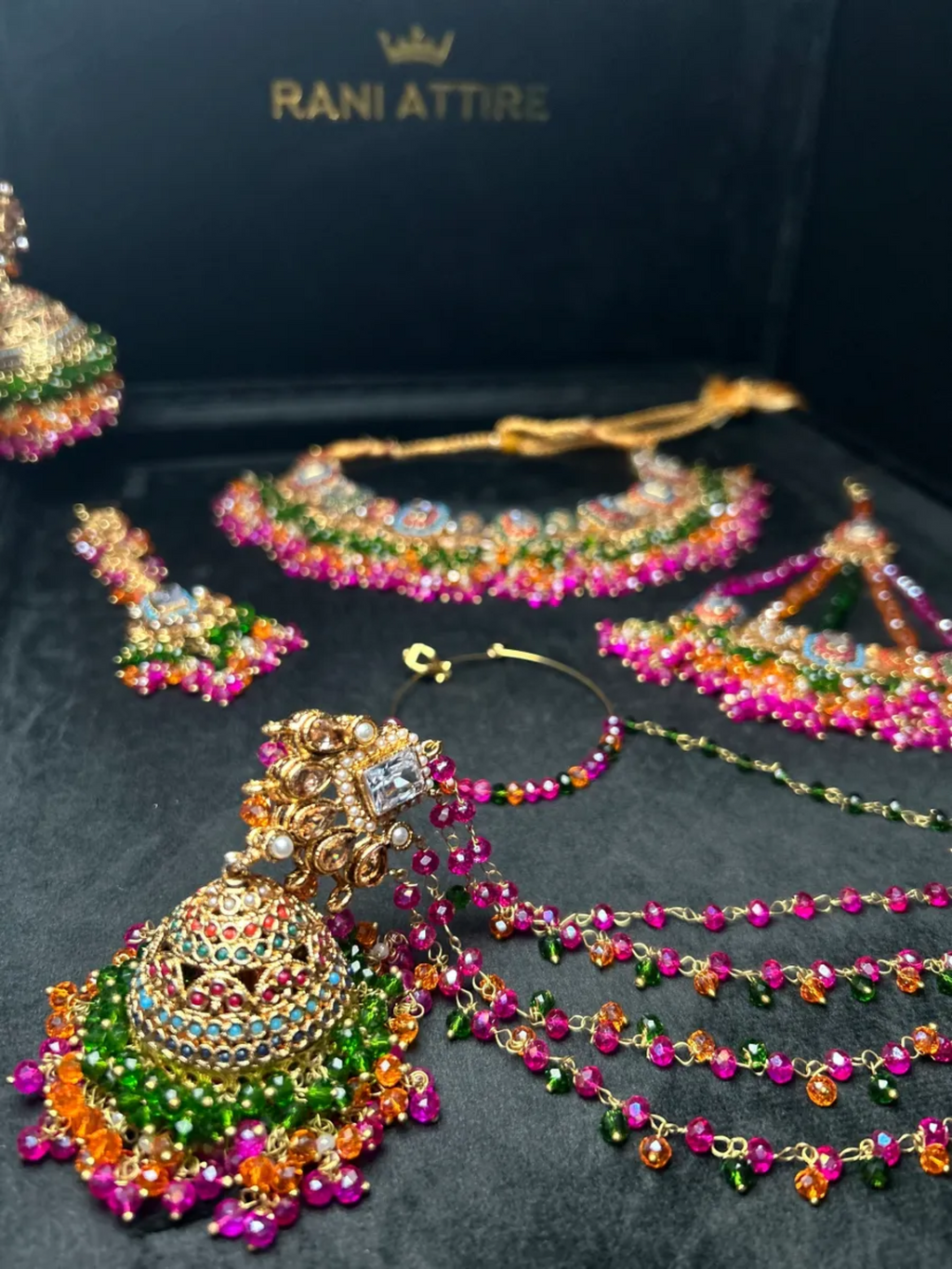 Stunning Multi coloured necklace set, with heavily beaded earrings & tikka - Jewelsbyrani