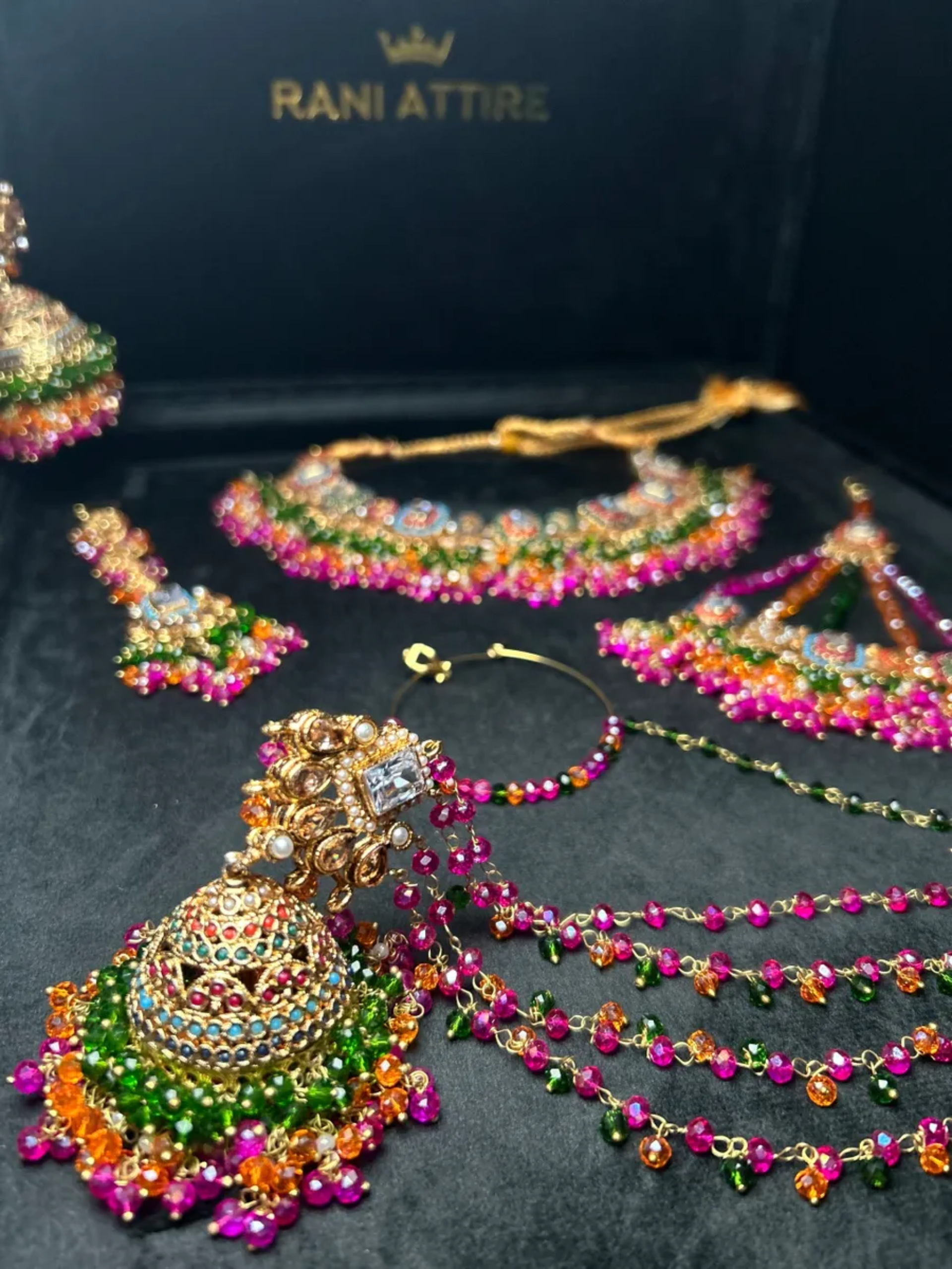 Stunning Multi coloured necklace set, with heavily beaded earrings & tikka