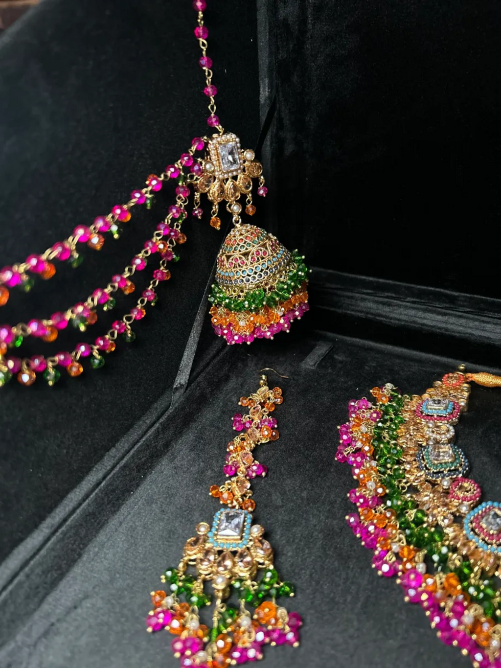 Stunning Multi coloured necklace set, with heavily beaded earrings & tikka - Jewelsbyrani