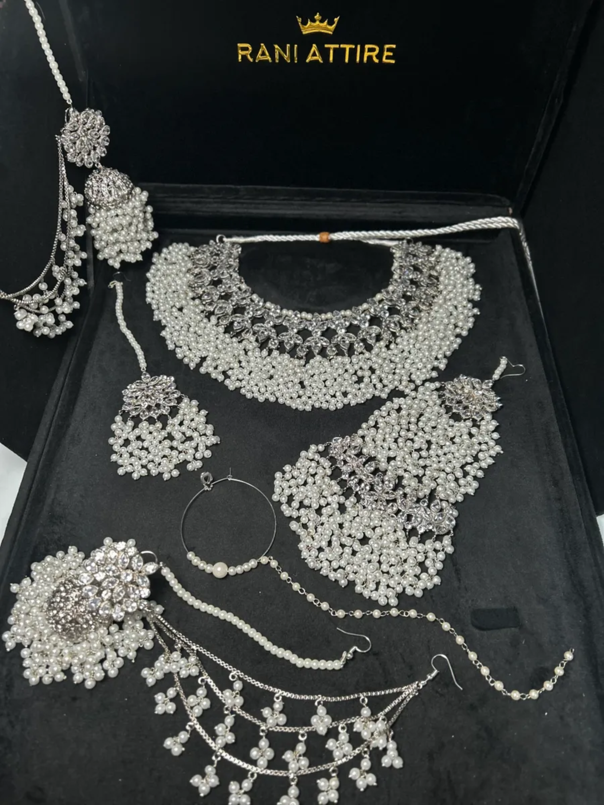Silver Necklace + white pearls with heavily beaded earrings & tikka