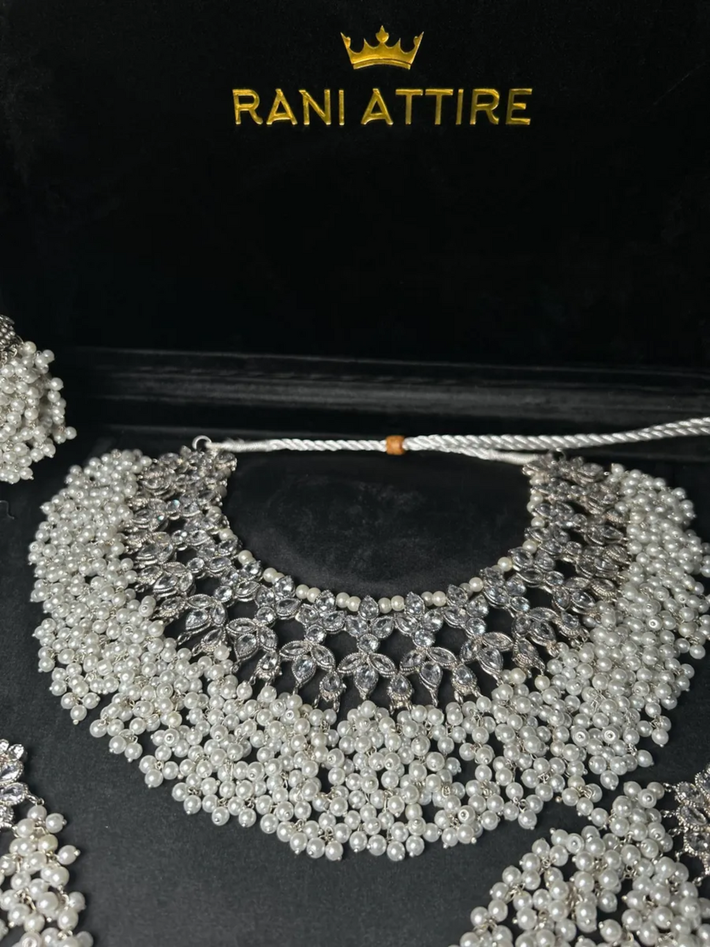 Silver Necklace + white pearls with heavily beaded earrings & tikka - Jewelsbyrani