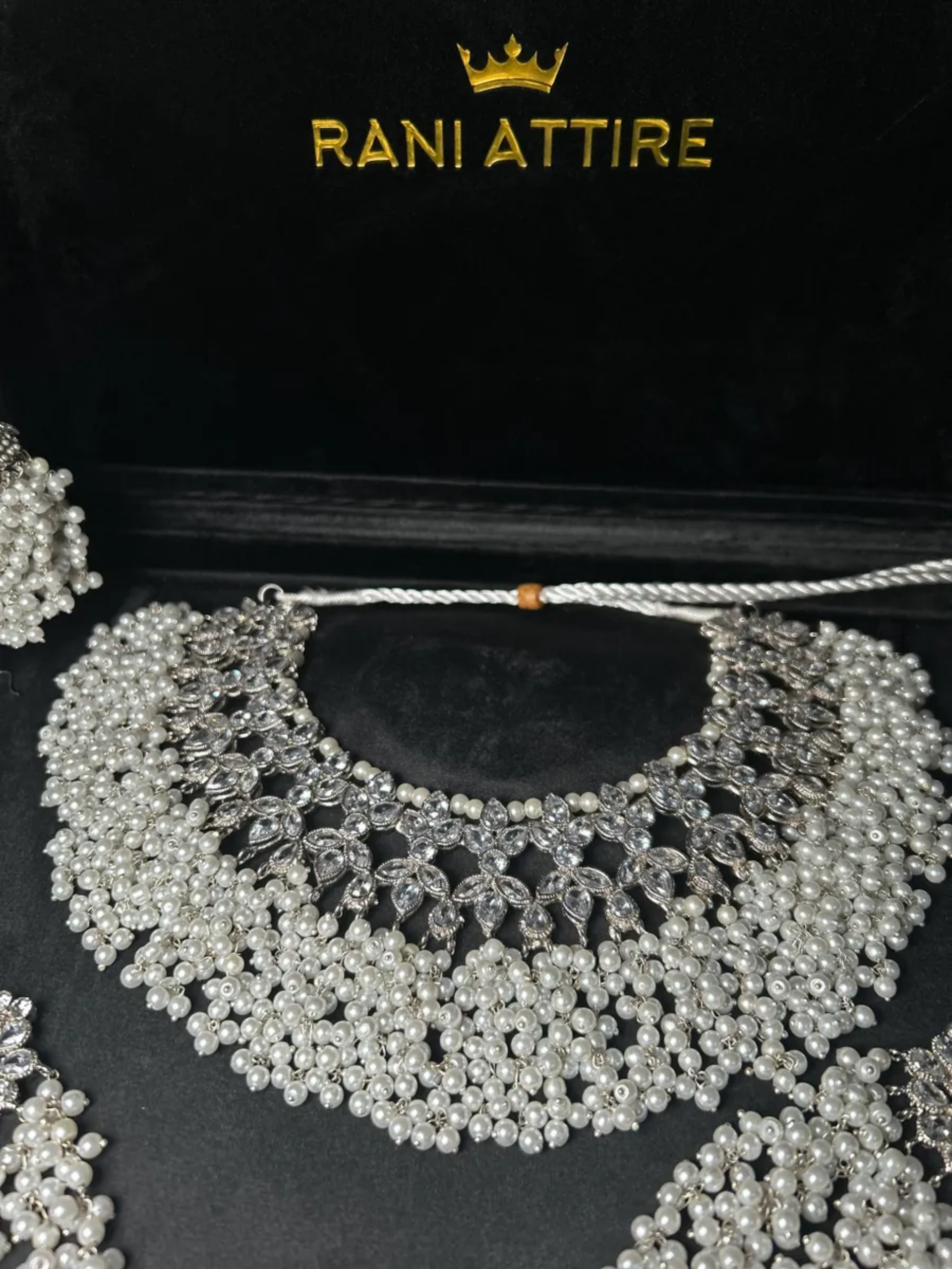 Silver Necklace + white pearls with heavily beaded earrings & tikka
