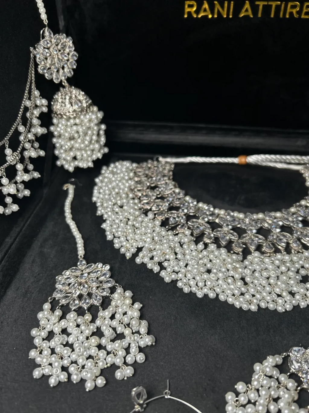 Silver Necklace + white pearls with heavily beaded earrings & tikka - Jewelsbyrani