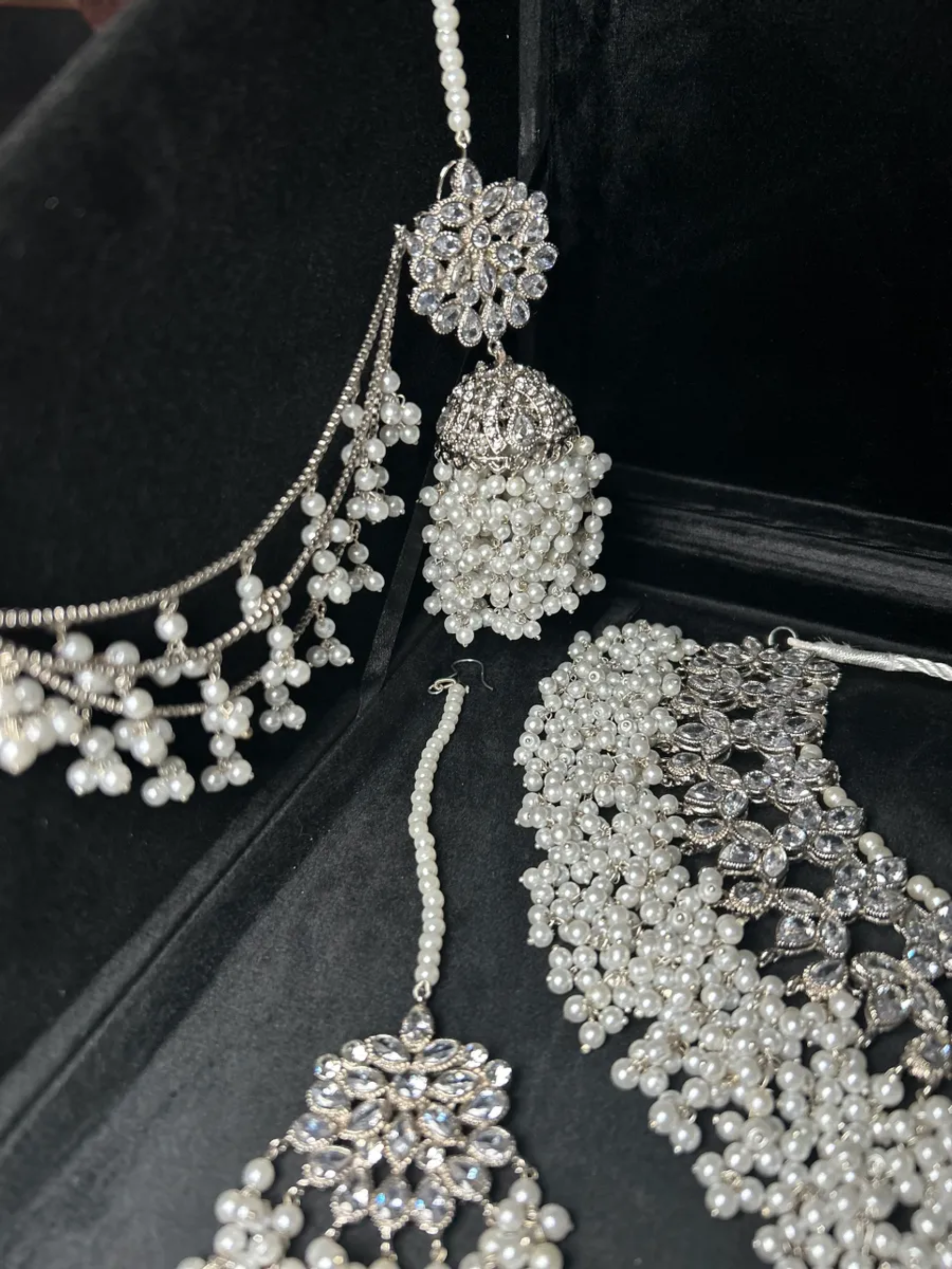Silver Necklace + white pearls with heavily beaded earrings & tikka