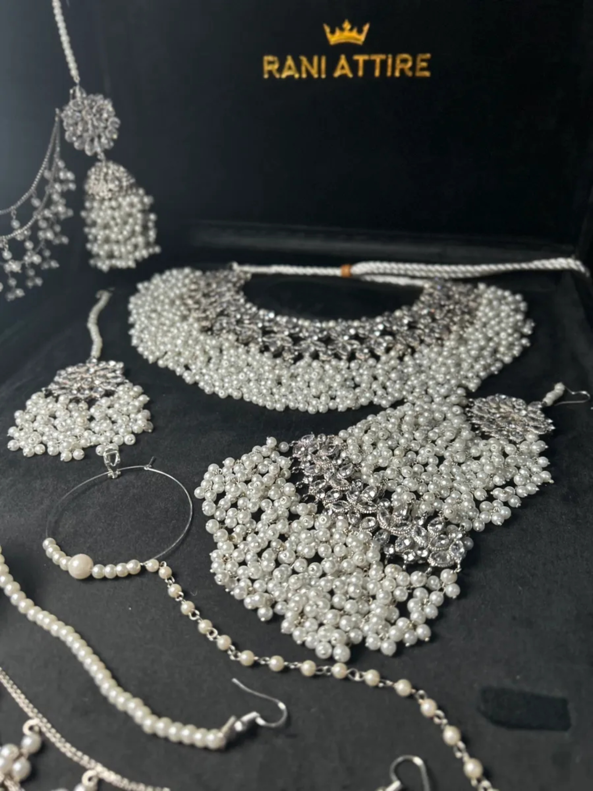 Silver Necklace + white pearls with heavily beaded earrings & tikka