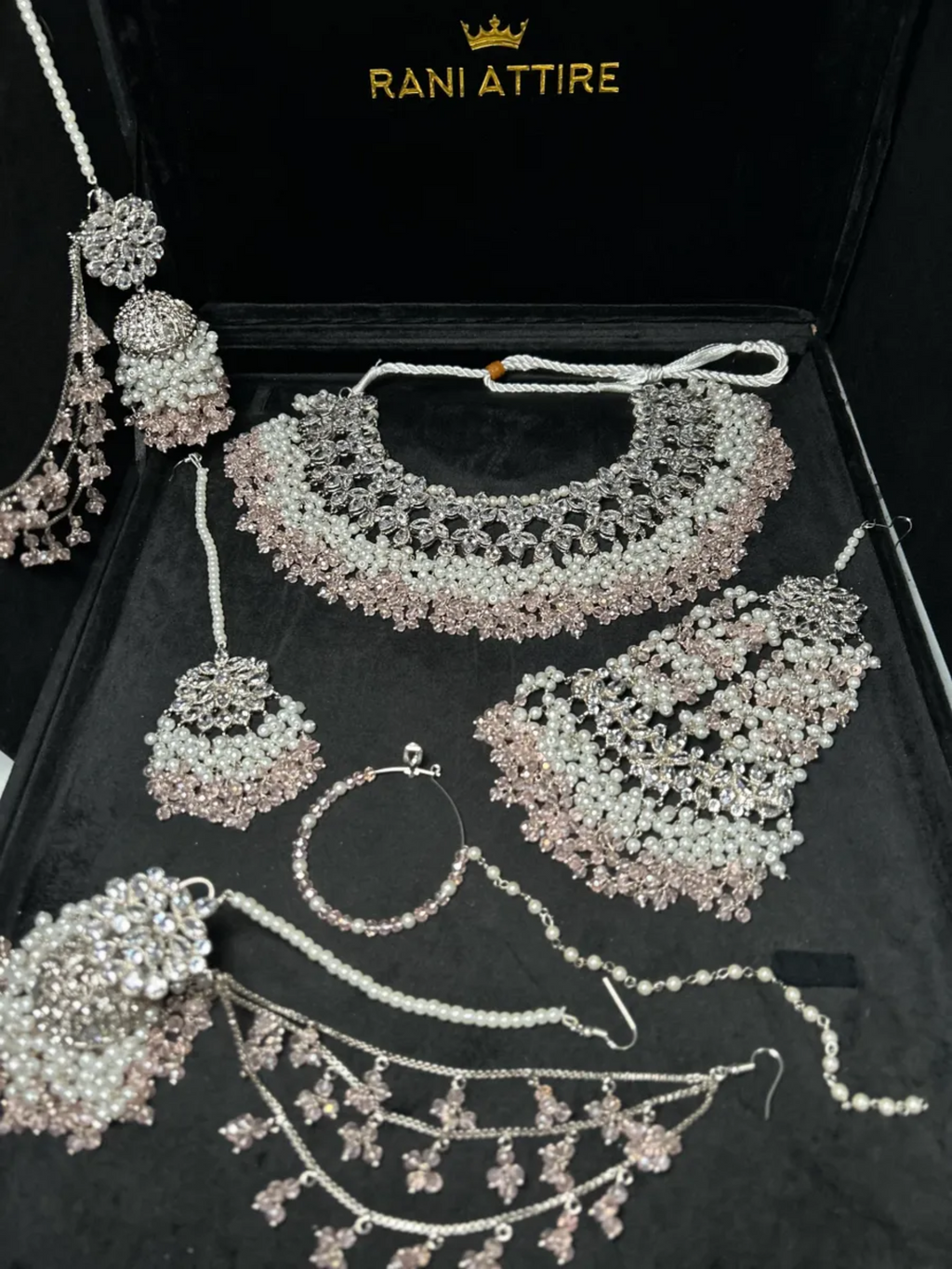 Silver Necklace + Baby Pink Crystals with heavily beaded earrings & tikka - Jewelsbyrani