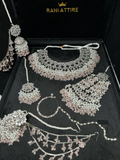 Silver Necklace + Baby Pink Crystals with heavily beaded earrings & tikka - Jewelsbyrani
