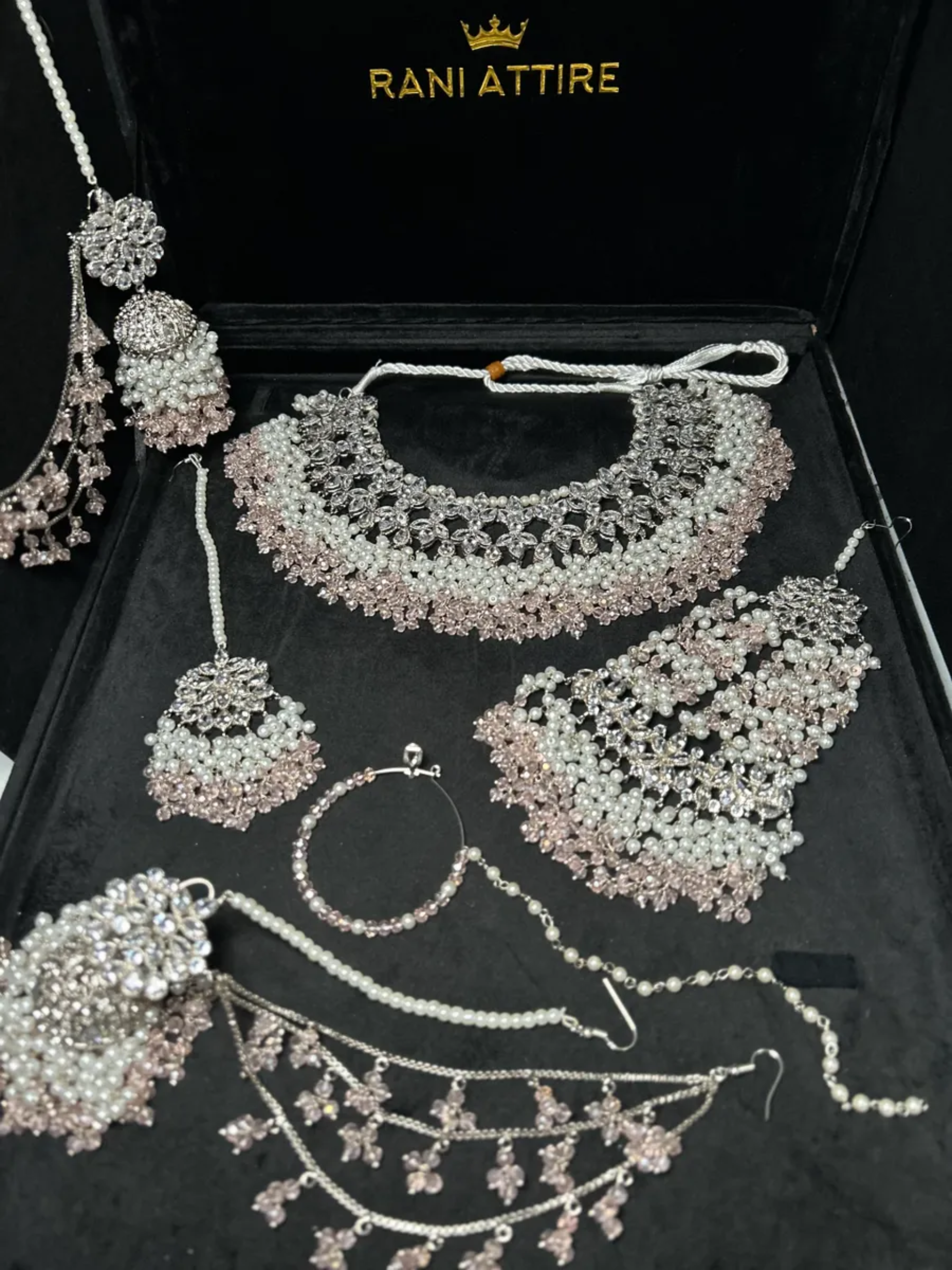 Silver Necklace + Baby Pink Crystals with heavily beaded earrings & tikka