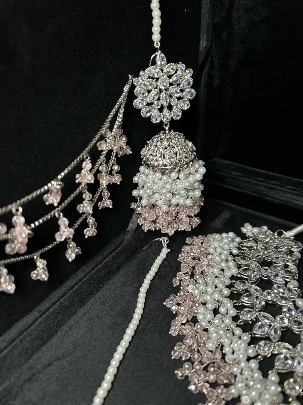 Silver Necklace + Baby Pink Crystals with heavily beaded earrings & tikka - Jewelsbyrani