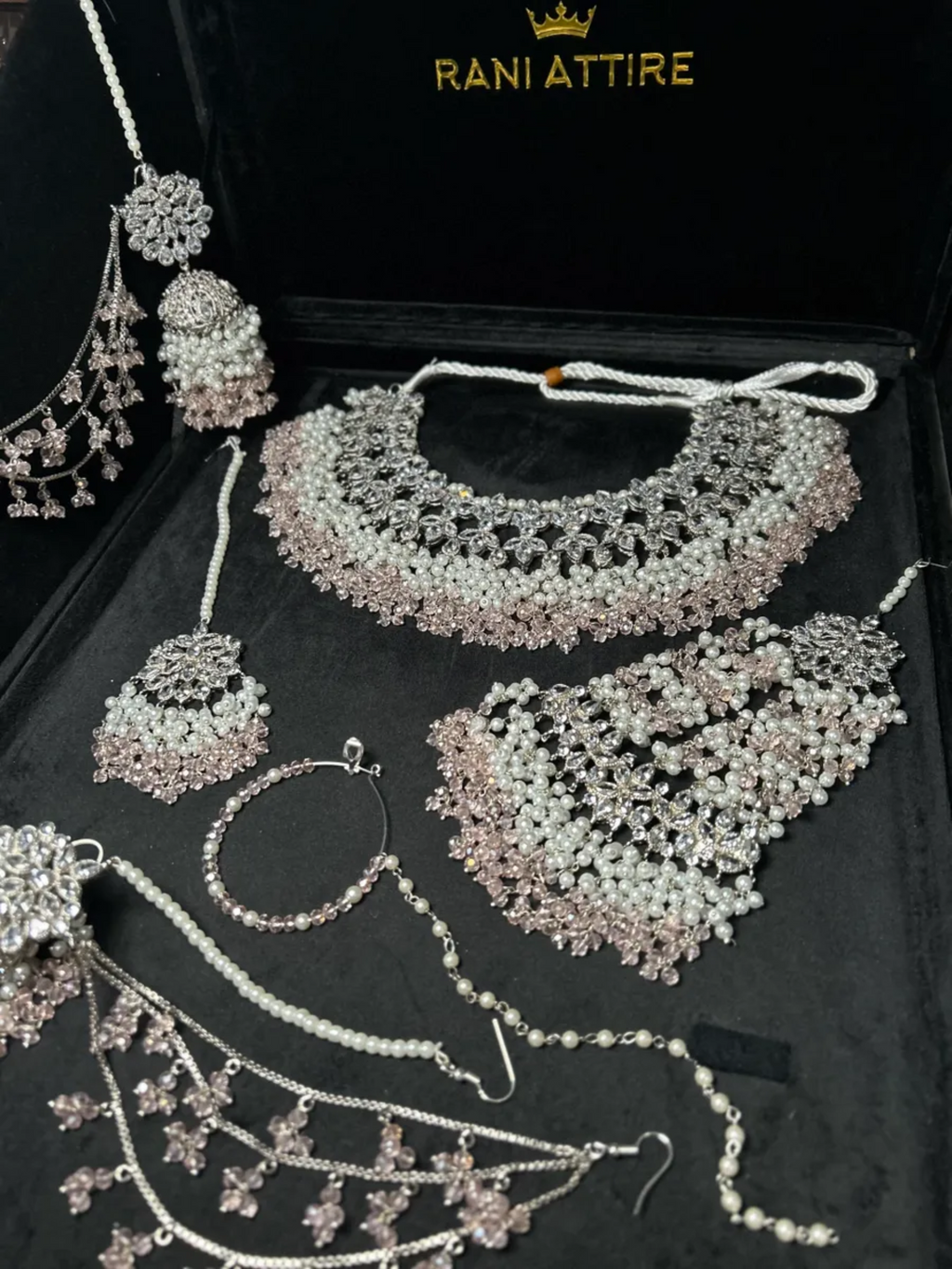 Silver Necklace + Baby Pink Crystals with heavily beaded earrings & tikka - Jewelsbyrani