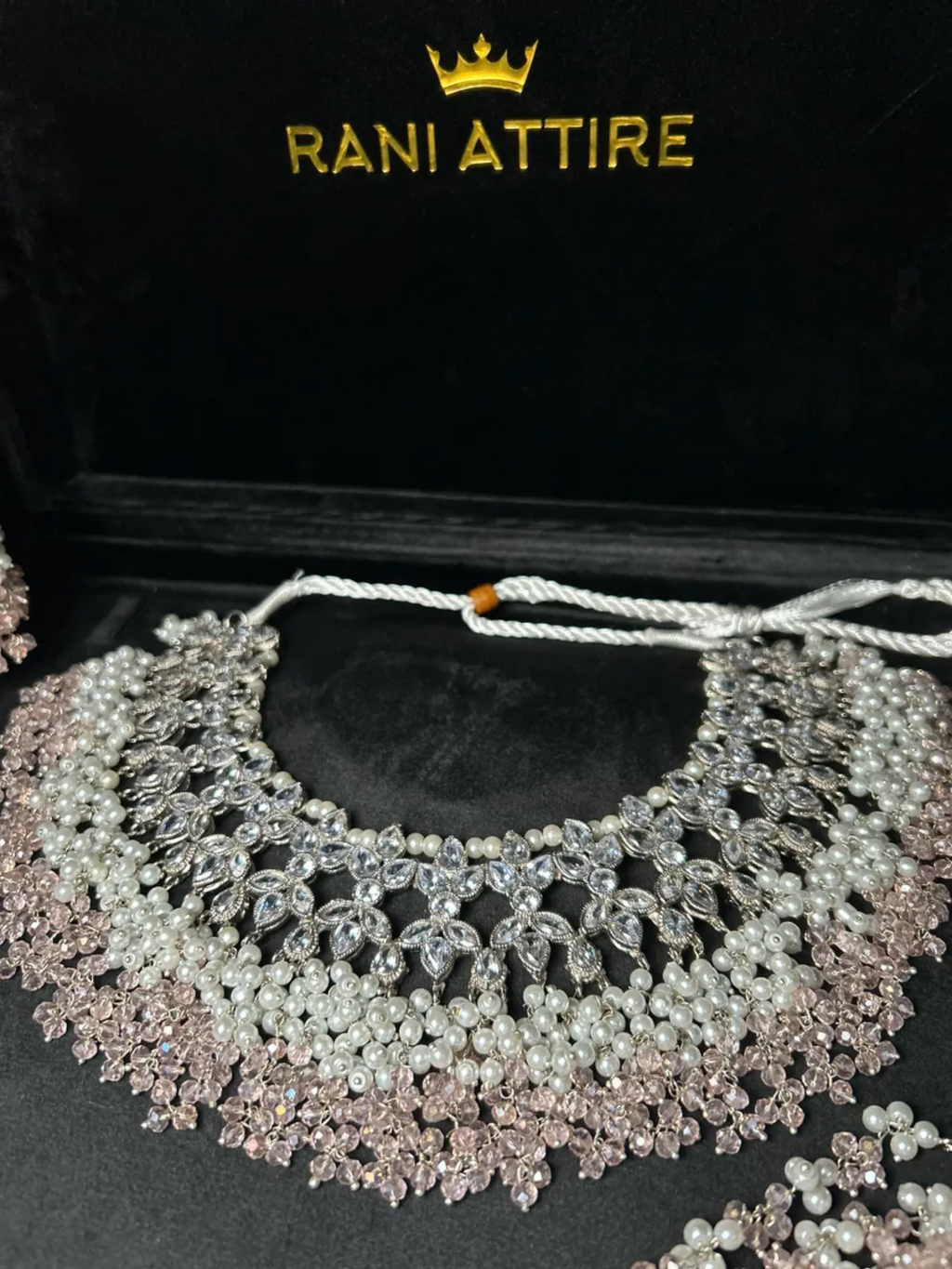 Silver Necklace + Baby Pink Crystals with heavily beaded earrings & tikka - Jewelsbyrani