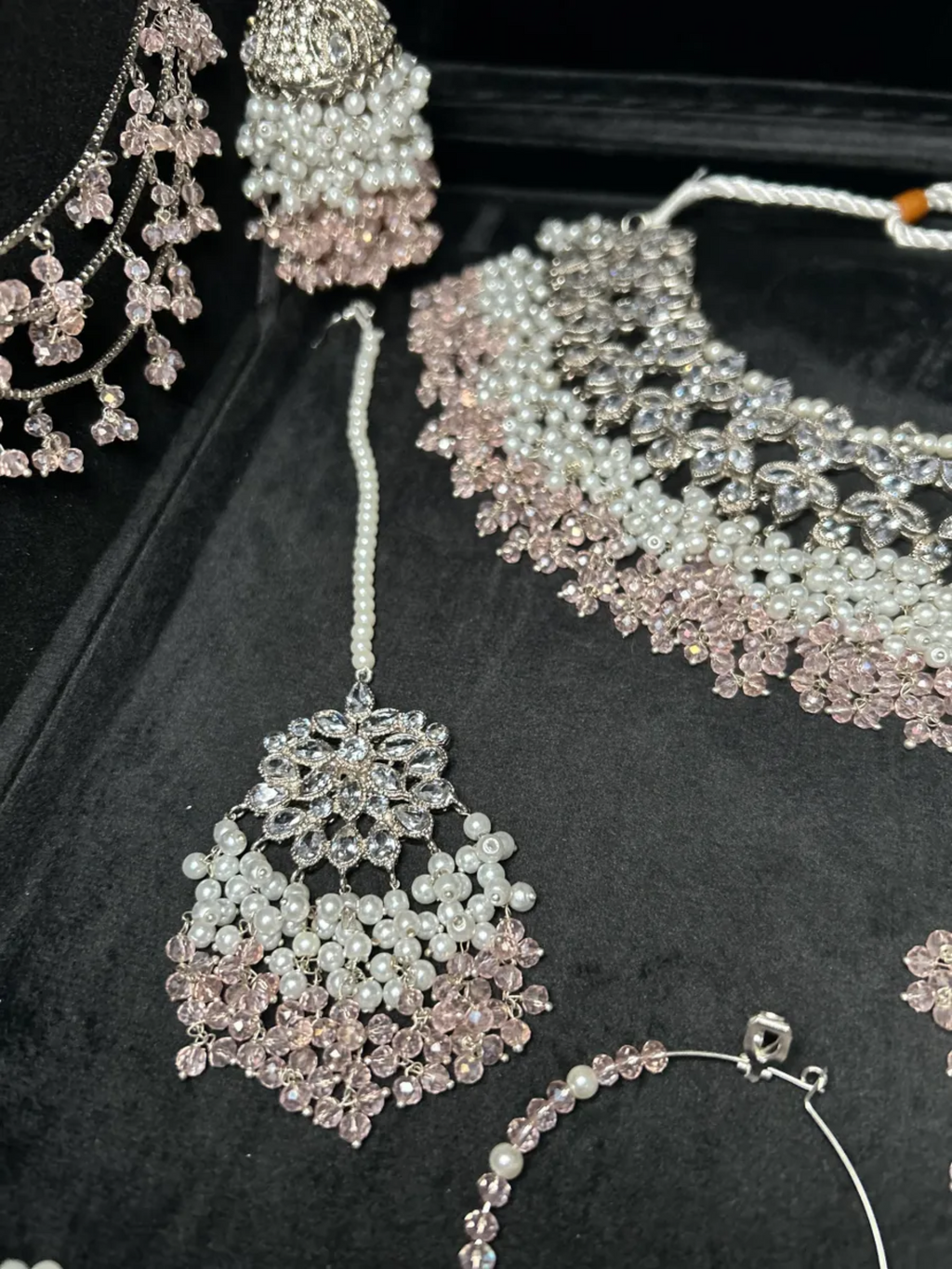 Silver Necklace + Baby Pink Crystals with heavily beaded earrings & tikka - Jewelsbyrani