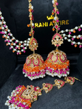 Orange, Hot Pink & White Multi Coloured Jhumkes & Tikka Set - Jewelsbyrani