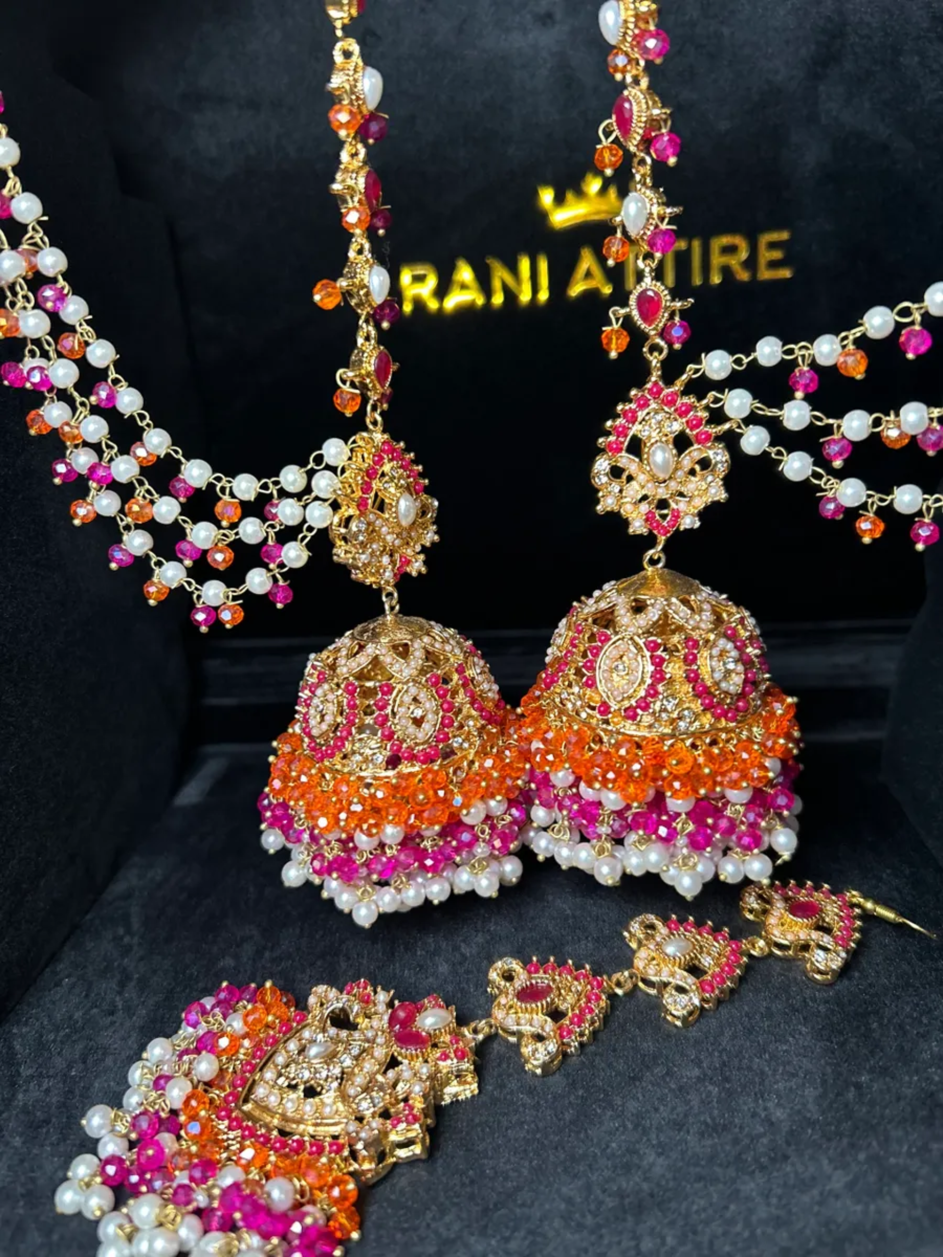 Orange, Hot Pink & White Multi Coloured Jhumkes & Tikka Set