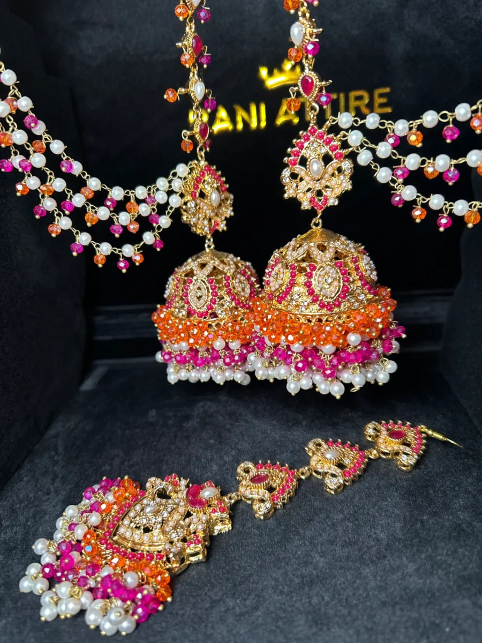 Orange, Hot Pink & White Multi Coloured Jhumkes & Tikka Set