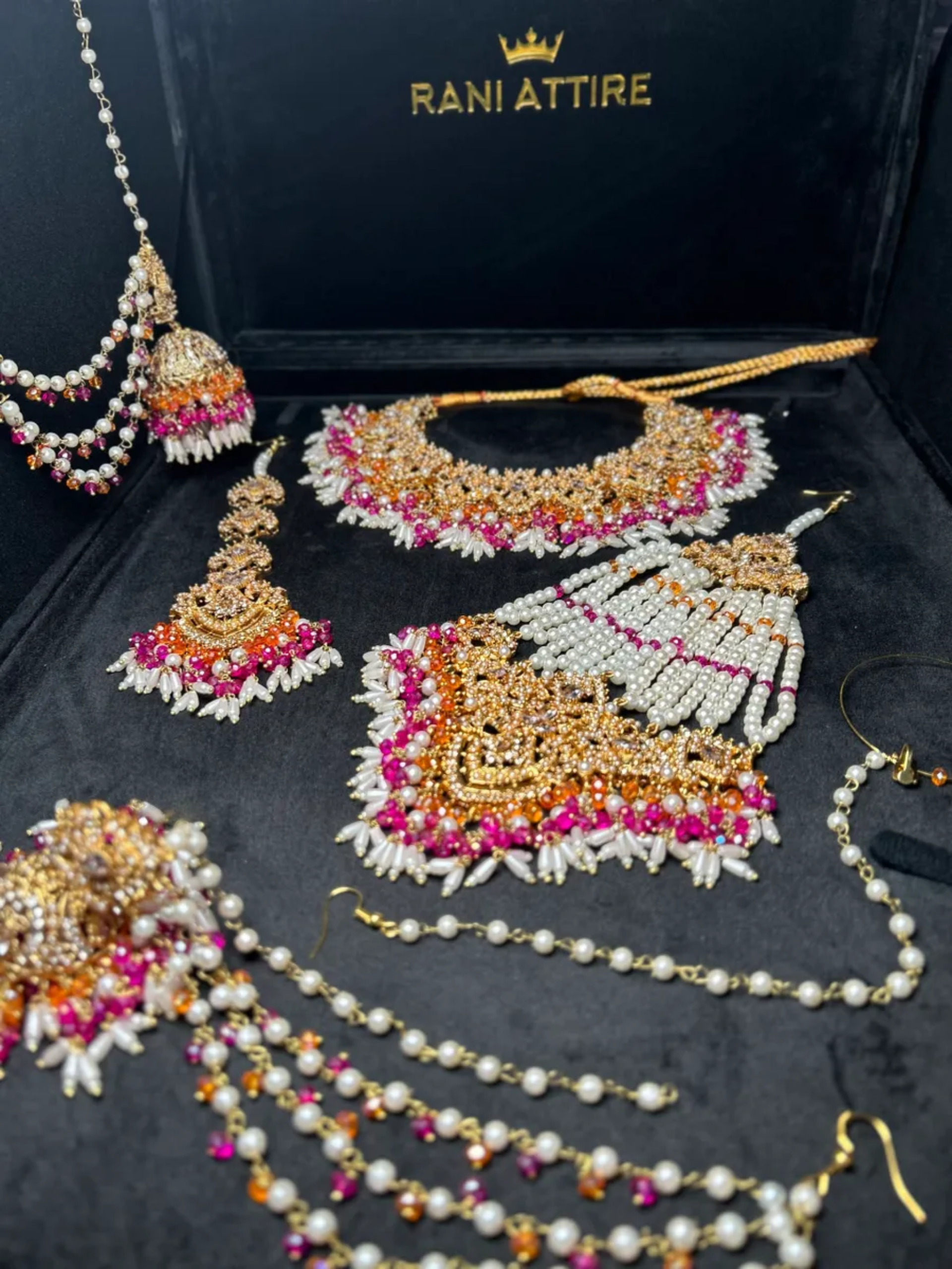 Orange, Hot Pink & White Multi Coloured Jhumkes & Tikka Set