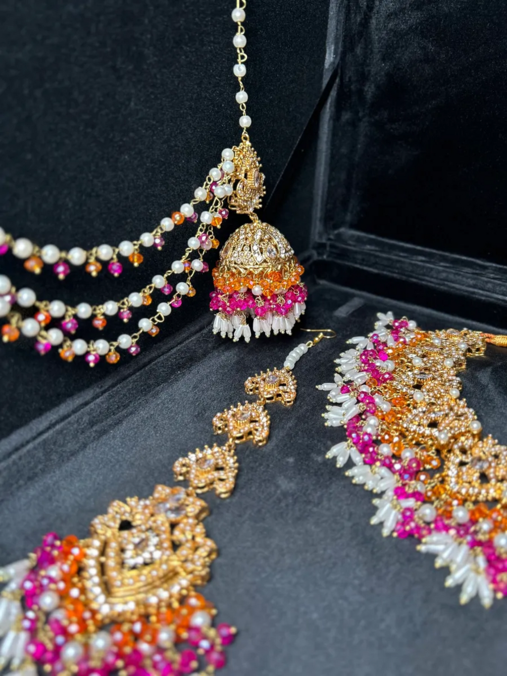 Orange, Hot Pink & White Multi Coloured Jhumkes & Tikka Set - Jewelsbyrani