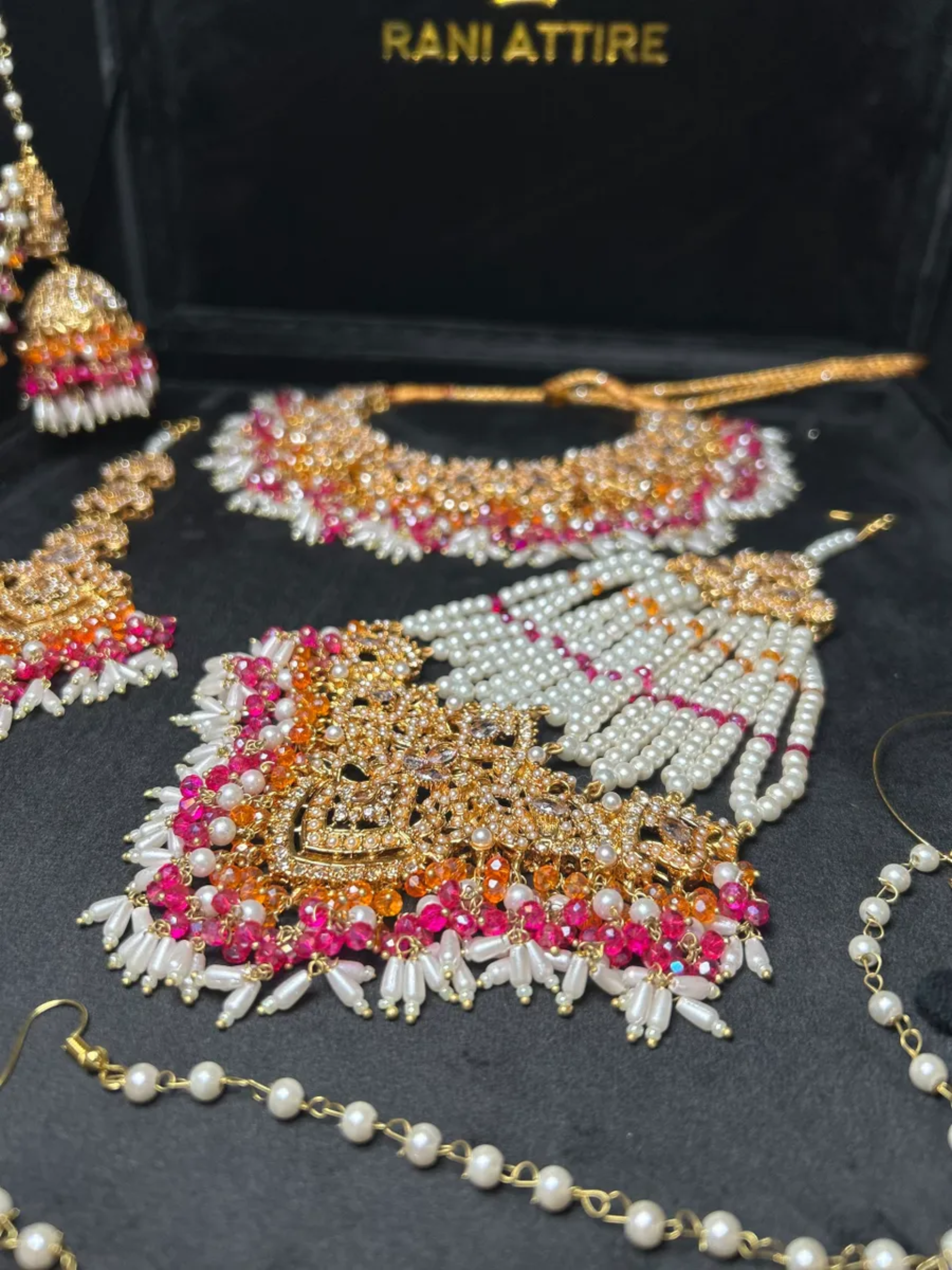 Orange, Hot Pink & White Multi Coloured Jhumkes & Tikka Set