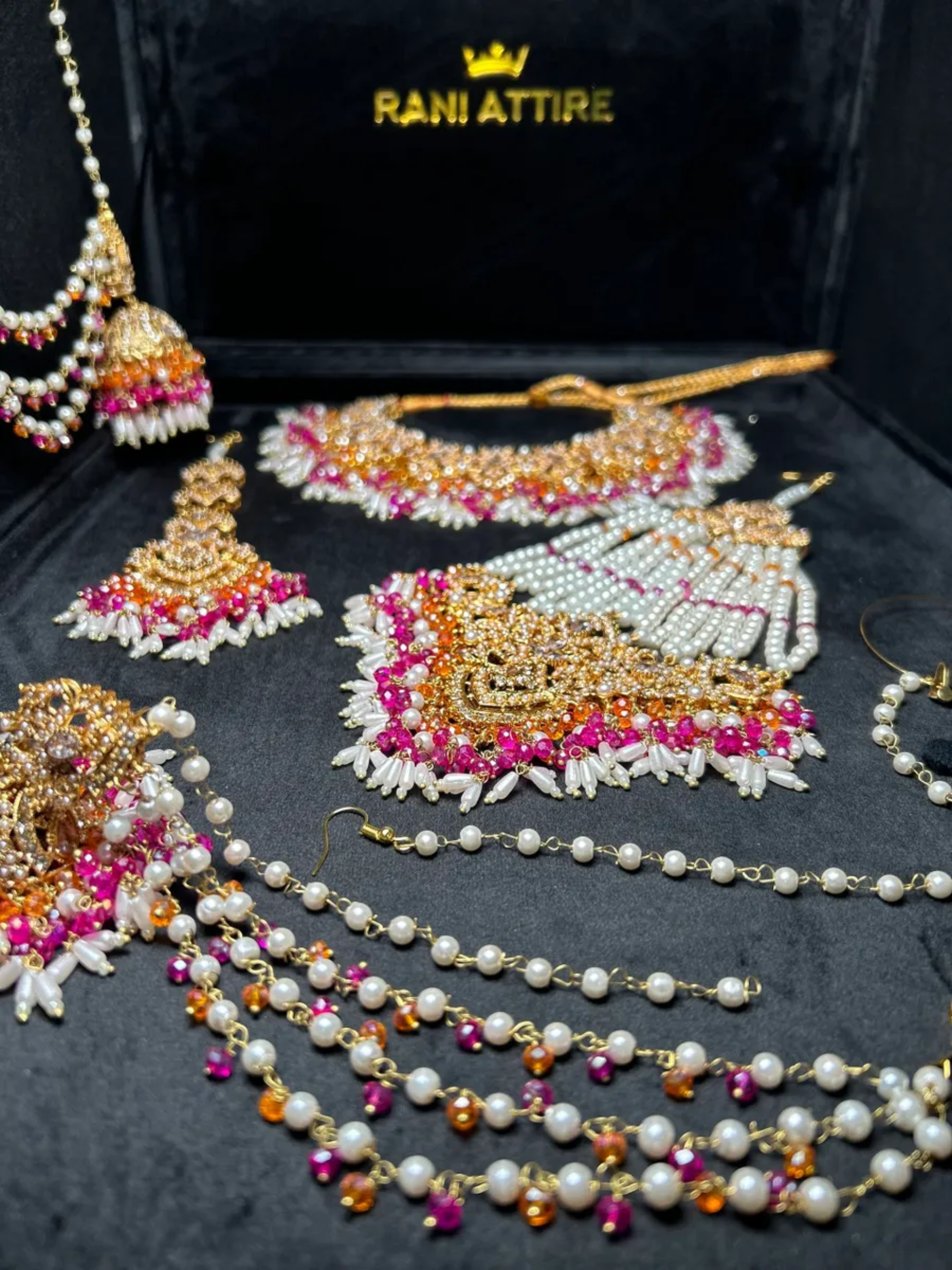 Orange, Hot Pink & White Multi Coloured Jhumkes & Tikka Set