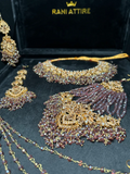 Purple & Gold necklace set, with heavily beaded earrings & tikka - Jewelsbyrani