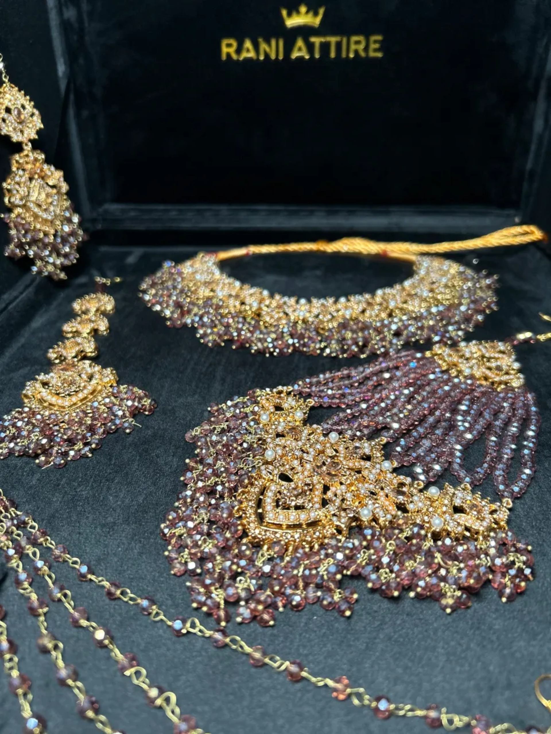 Purple & Gold necklace set, with heavily beaded earrings & tikka