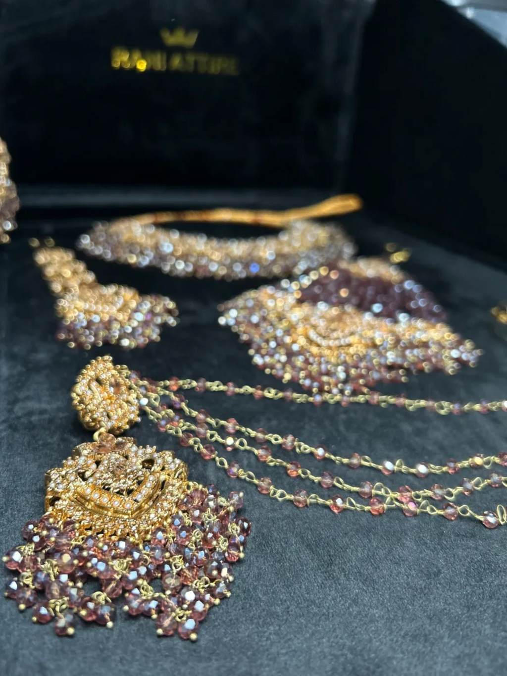 Purple & Gold necklace set, with heavily beaded earrings & tikka - Jewelsbyrani