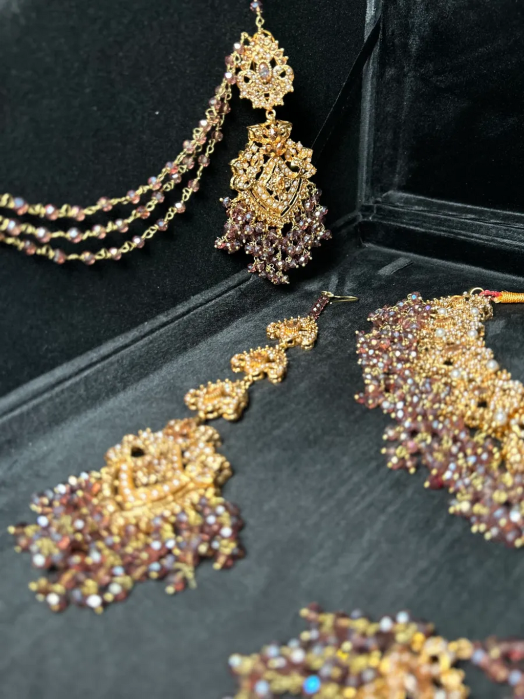 Purple & Gold necklace set, with heavily beaded earrings & tikka - Jewelsbyrani