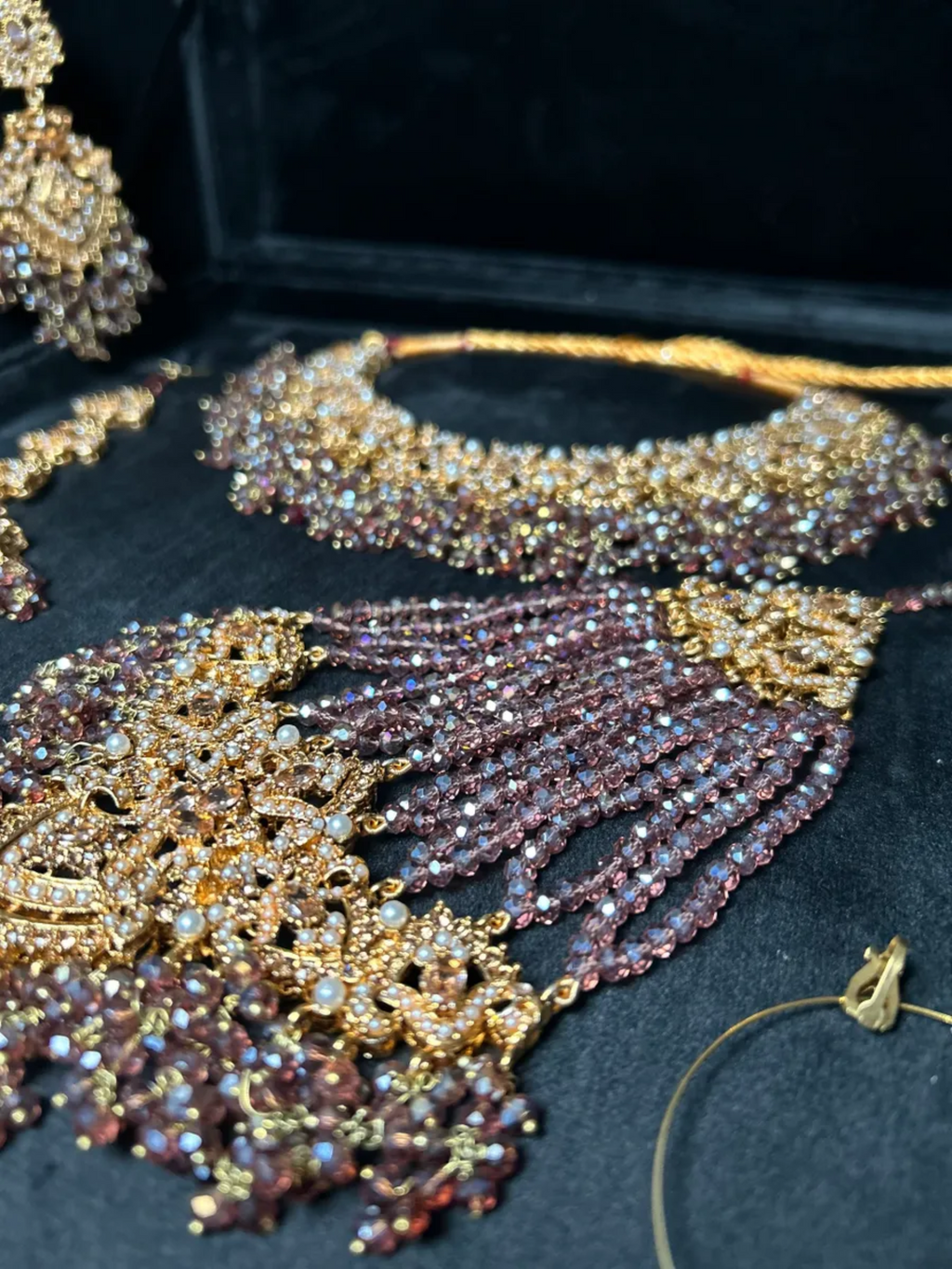 Purple & Gold necklace set, with heavily beaded earrings & tikka - Jewelsbyrani