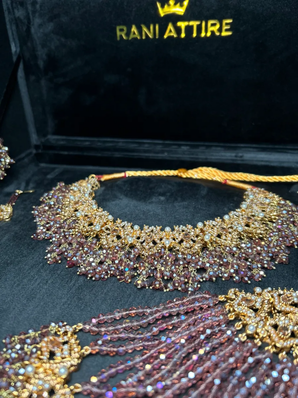 Purple & Gold necklace set, with heavily beaded earrings & tikka - Jewelsbyrani