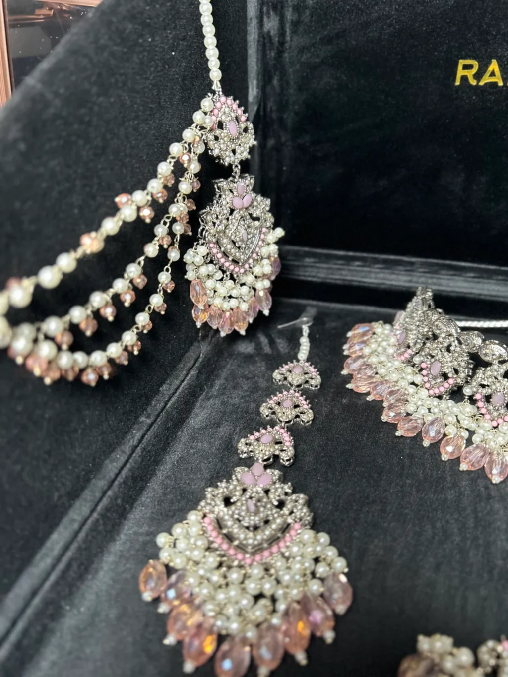 Baby Pink & Silver Choker necklace set, with heavily beaded earrings & tikka - Jewelsbyrani
