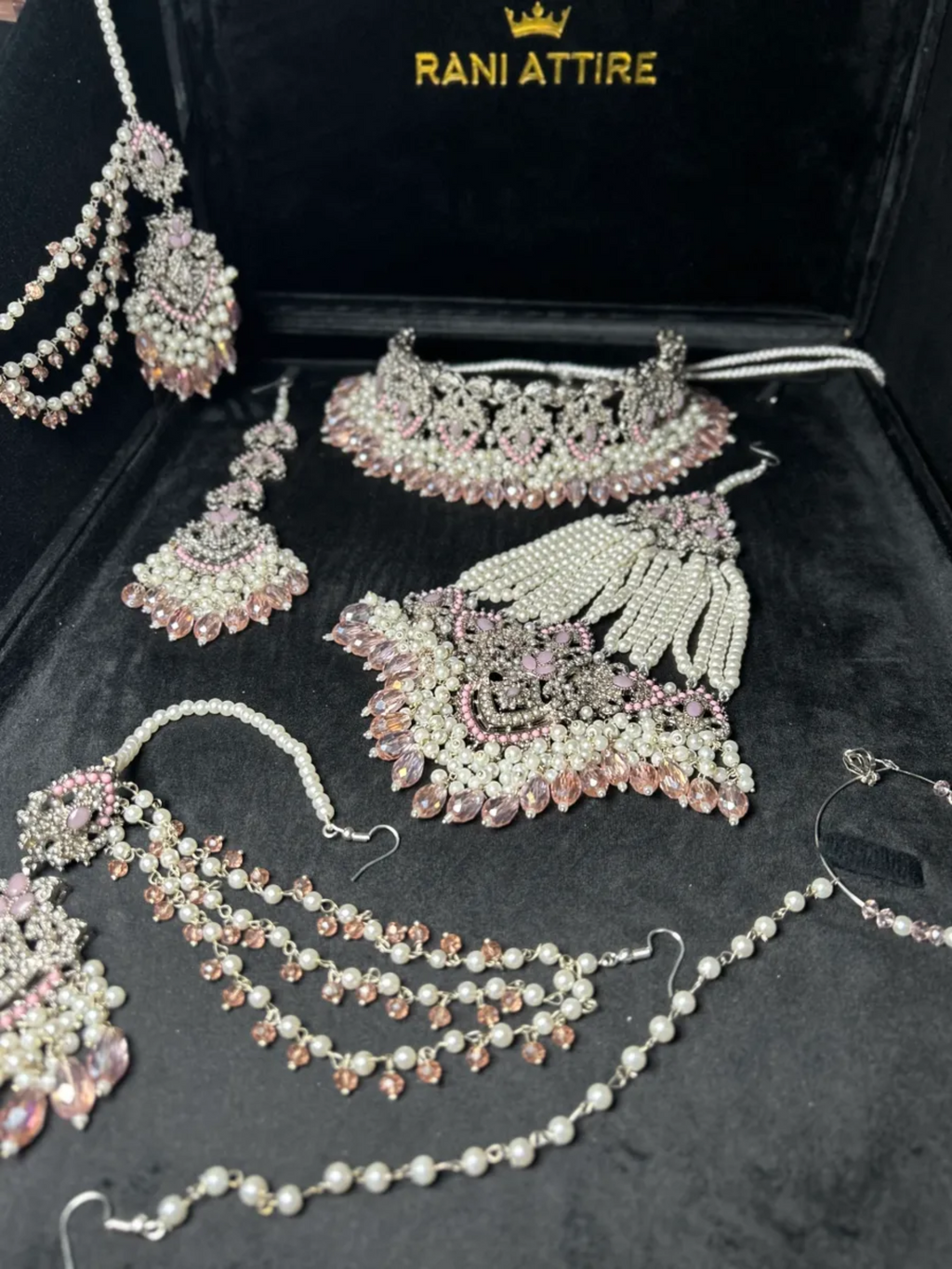Baby Pink & Silver Choker necklace set, with heavily beaded earrings & tikka - Jewelsbyrani